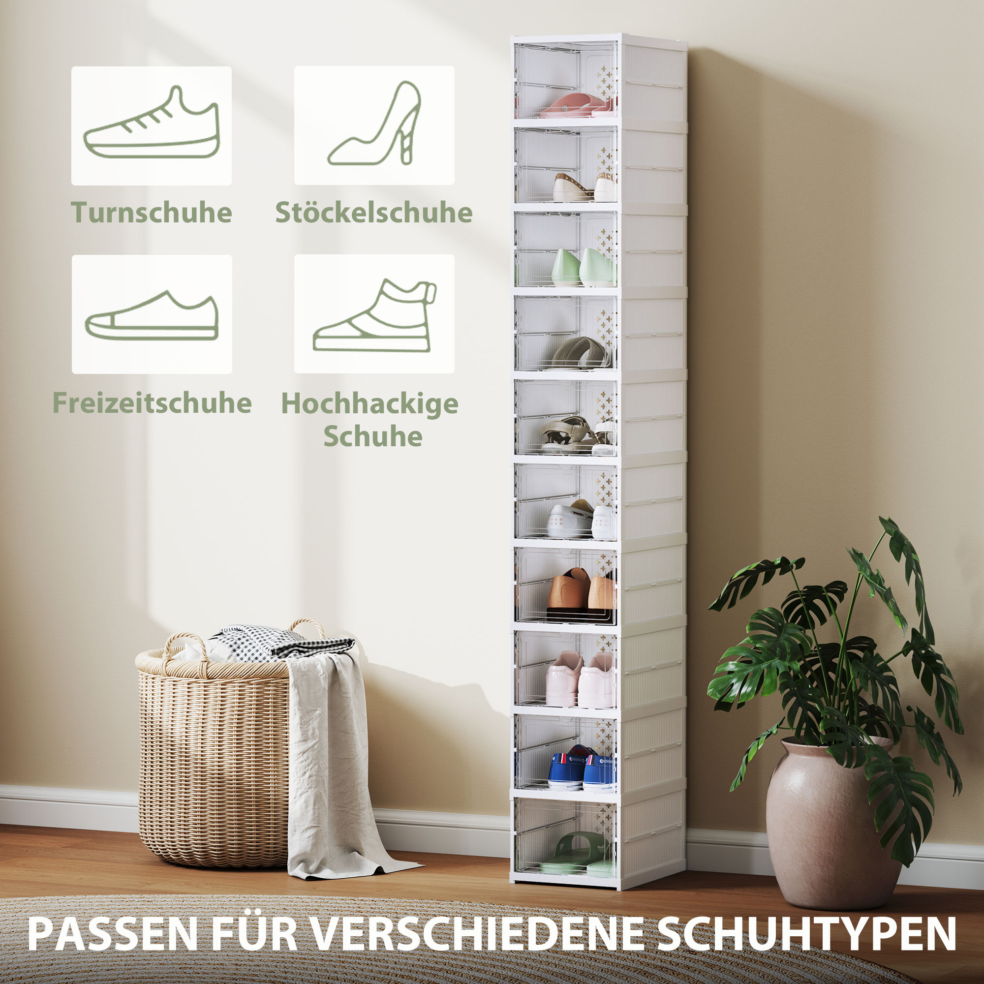10-stufiges Schuhregal, Schuhschrank, faltbar, belüftete Rückseite, Kunststoff, Weiß
