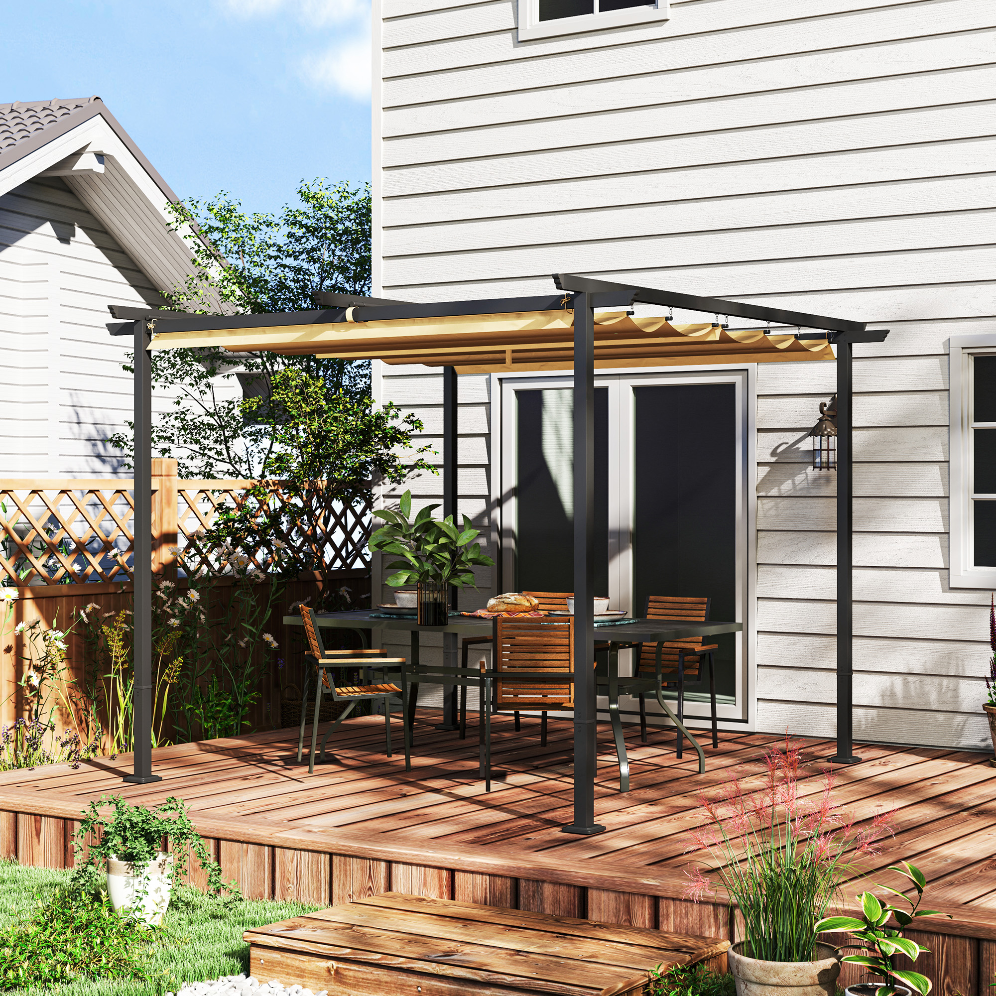 3 x 3 m Garten-Pergola mit verstellbarem Dach, Metallrahmen, UPF30+ Schutz, Sonnendach für Veranda, Terrasse, Beige