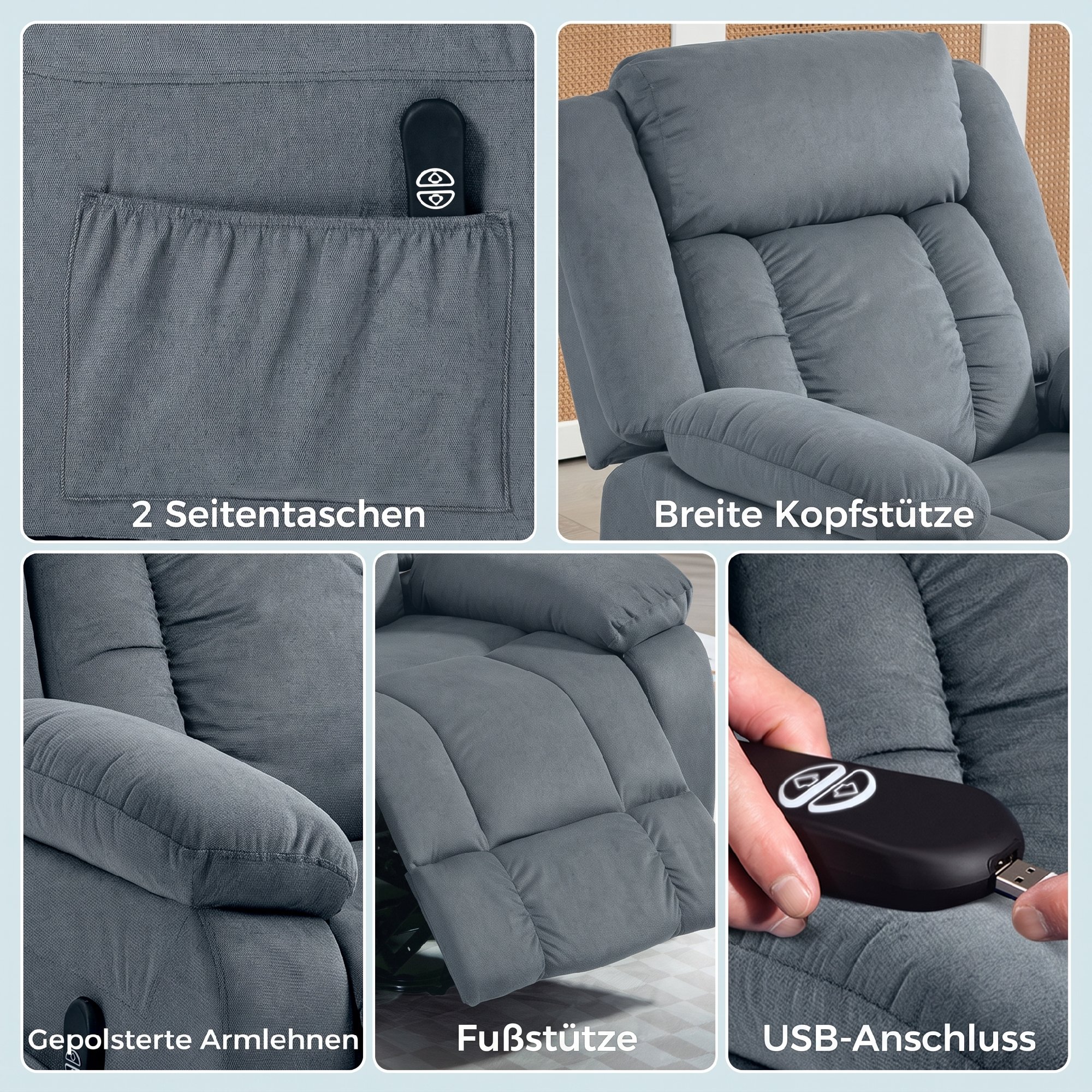 Aufstehsessel mit weichem Bezug, Recliner-Sessel mit Fernbedienung und Seitentaschen, Grau
