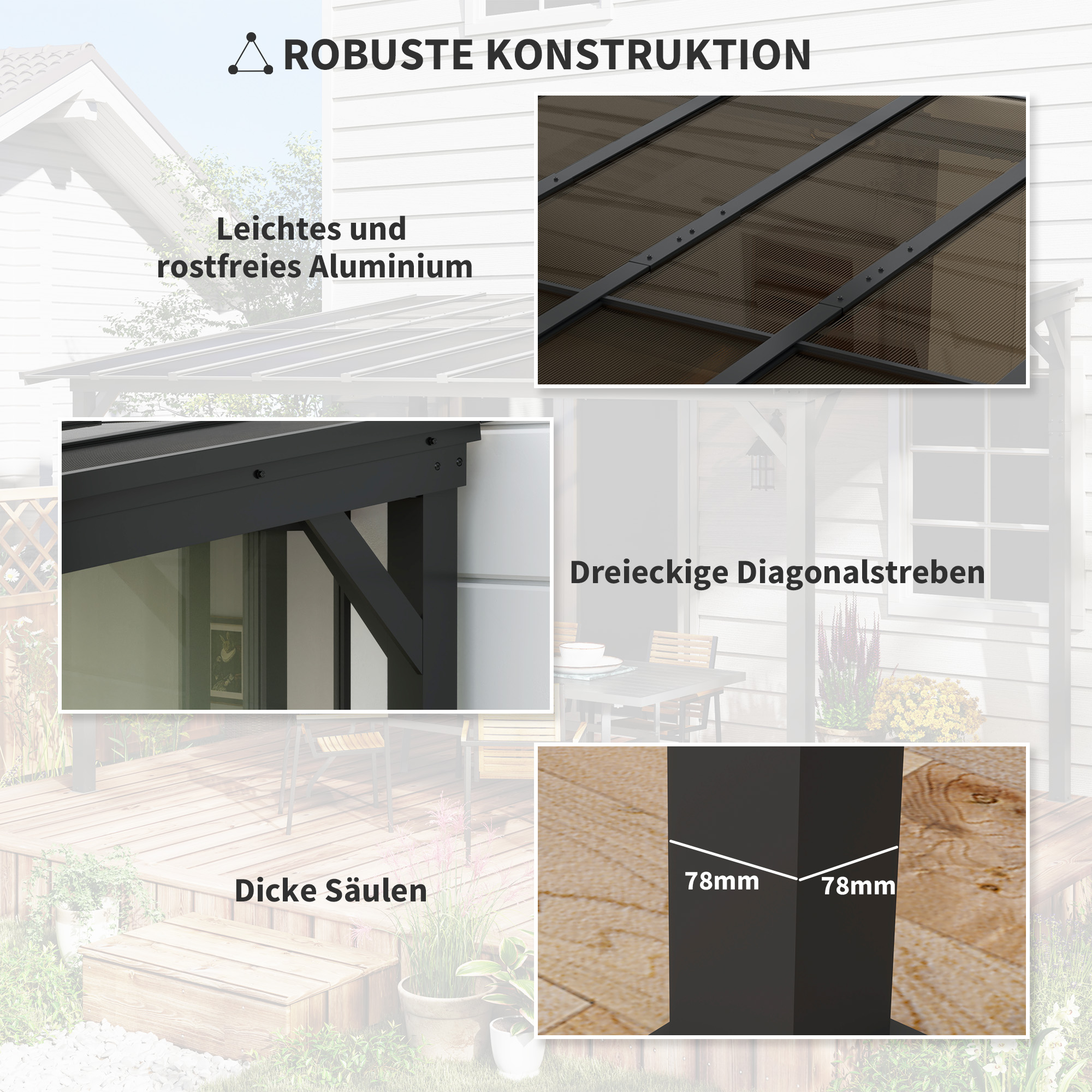 3 x 3 m Metallpergola, Gartenpergola mit wasserfestem Dach, freistehend, windfest, UV-beständig, Dunkelgrau