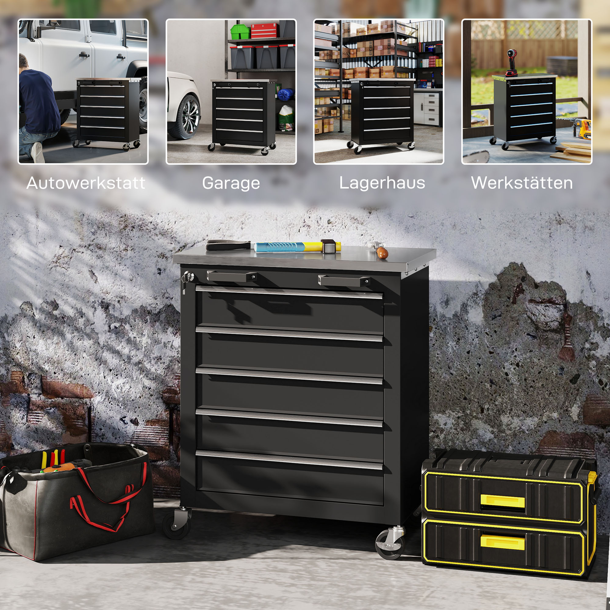 Werkzeugschrank mit 5 Schubladen, rollbare Werkzeugkiste, Werkzeugwagen aus Stahl, Silberton+Schwarz