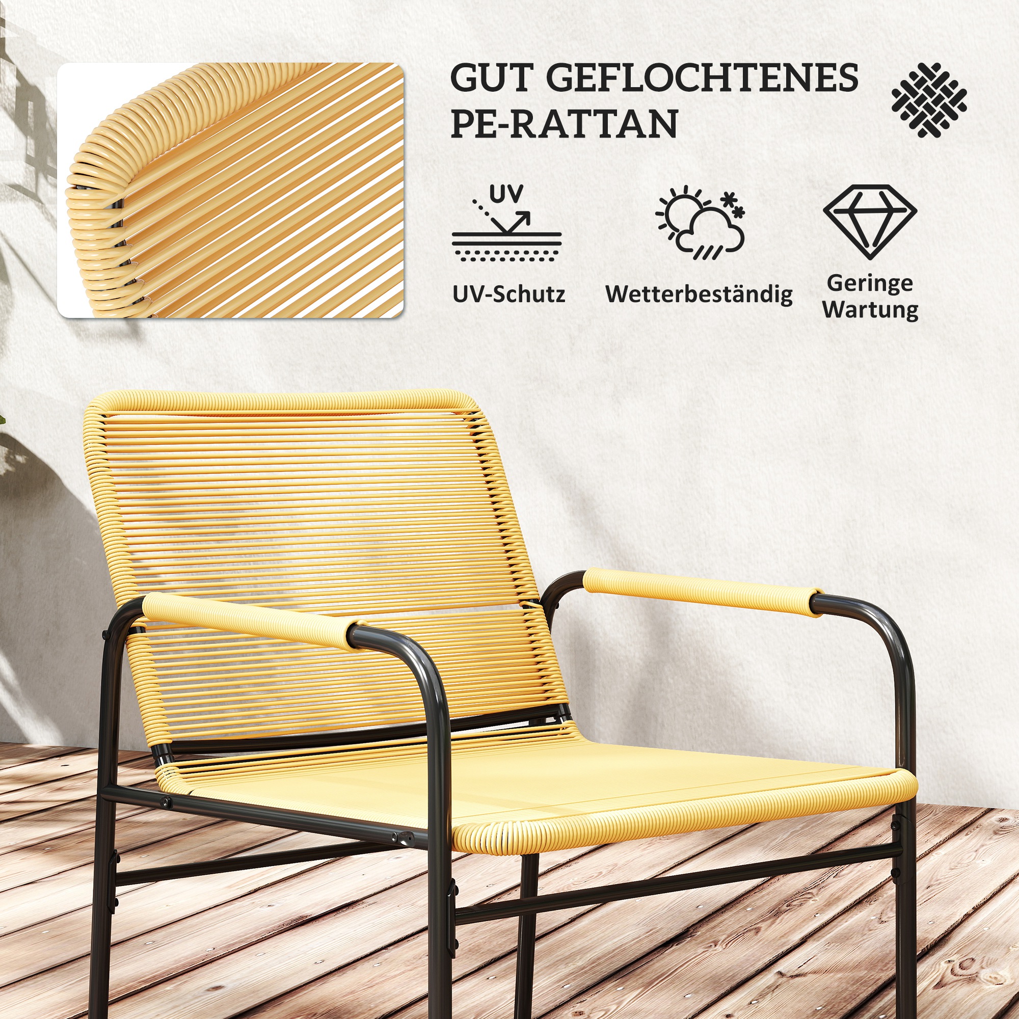 3-tlg. Rattan Bistroset, Sitzgruppe, Gartengarnitur mit 2 Gartensesseln, Couchtisch 54 x 66 x 76 cm Gelb