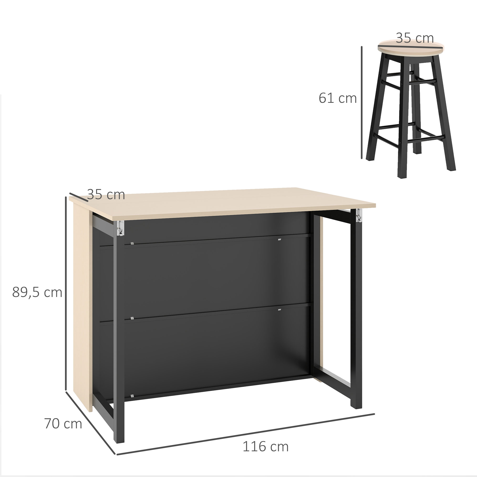 3-tlg. Barset, Bartisch mit klappbarer Tischplatte, 2 Barhocker, 6 Staufächer, schwarz+Eiche, 116 x 70 x 89,5 cm