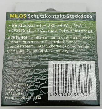 MILOS Schutzkontakt-Steckdose, Anthrazit / 250V~/ 16A, UP, 2x USB Buchse je 5V/1A