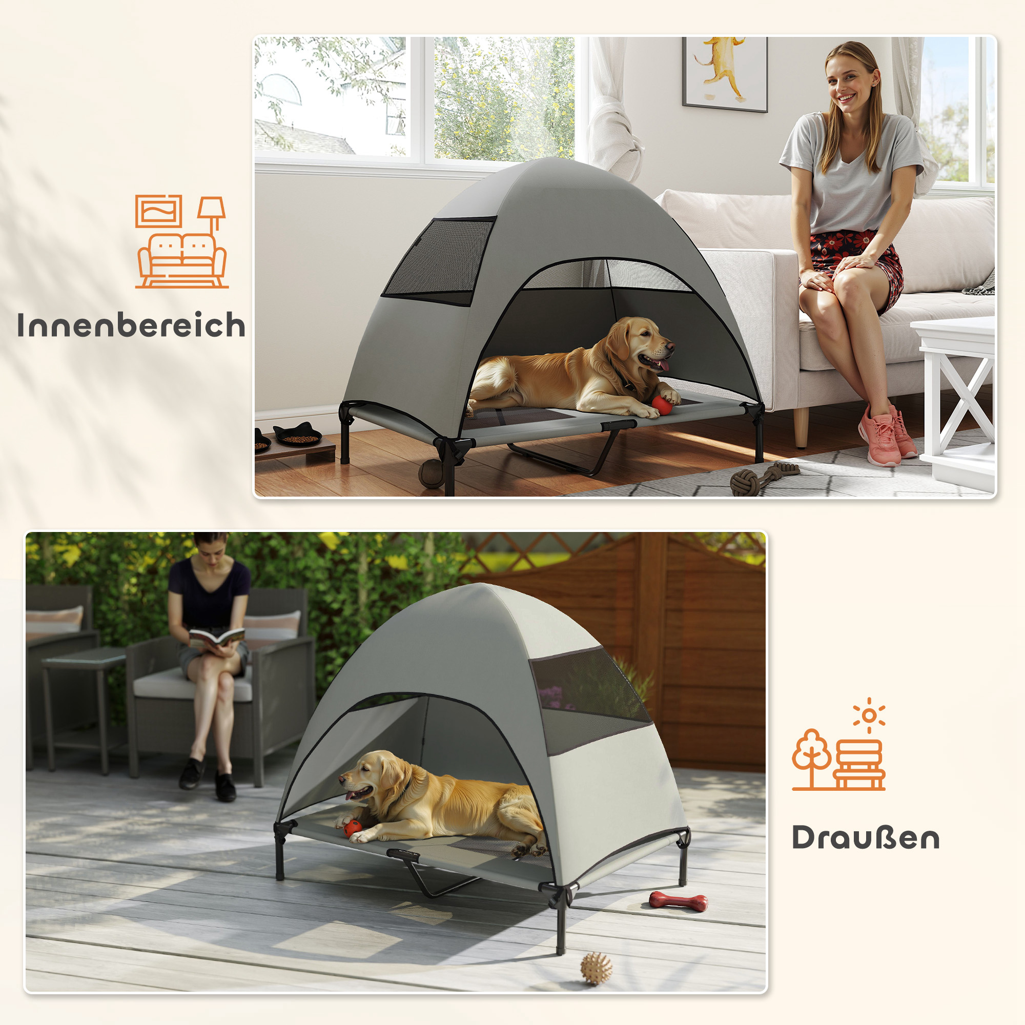 Hundeliege Outdoor mit Dach, Erhöhtes Hundebett für Große Hunde, 106 x 76 x 99 cm, Hellgrau