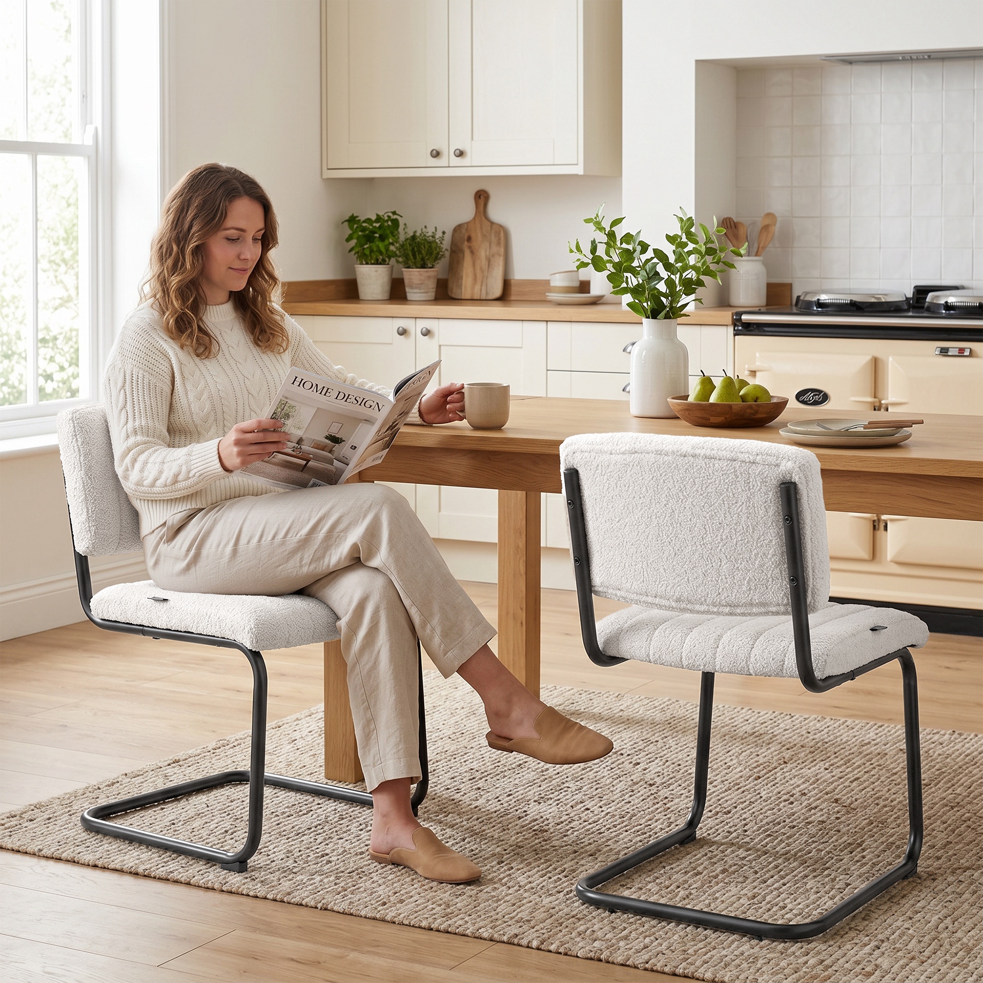 Esszimmerstühle 2er Set modern Freischwinger Stuhl mit hoher Rückenlehne, Teddyfleece-Optik für Küche, Esstisch Creme
