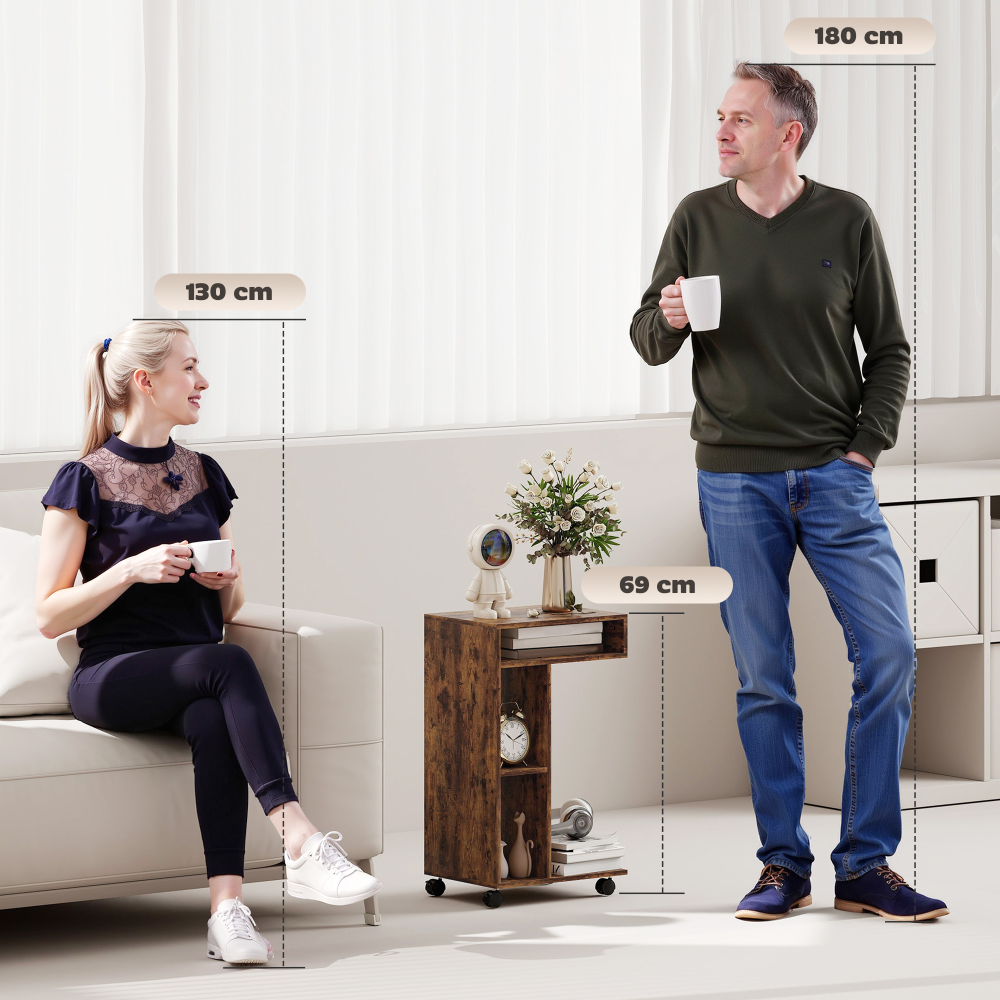 Beistelltisch, C-förmiger Servierwagen, 4 Rollen, 3 Fächer, 40 x 30 x 69 cm, Rustikal-Braun