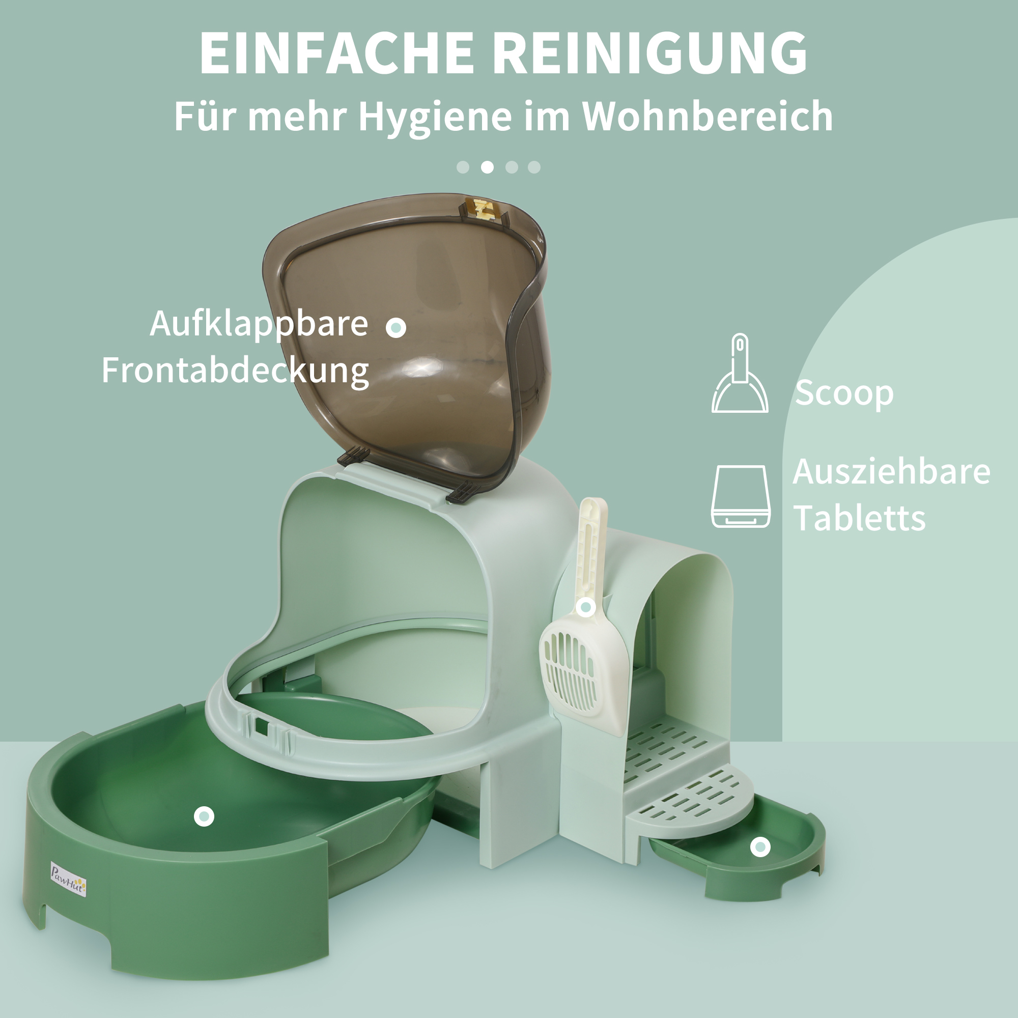 Katzentoilette, 2 herausziehbare Bodenwannen, 1 Schaufel, Streuauffangfach, abnehmbare Haube, Grün + Schwarz