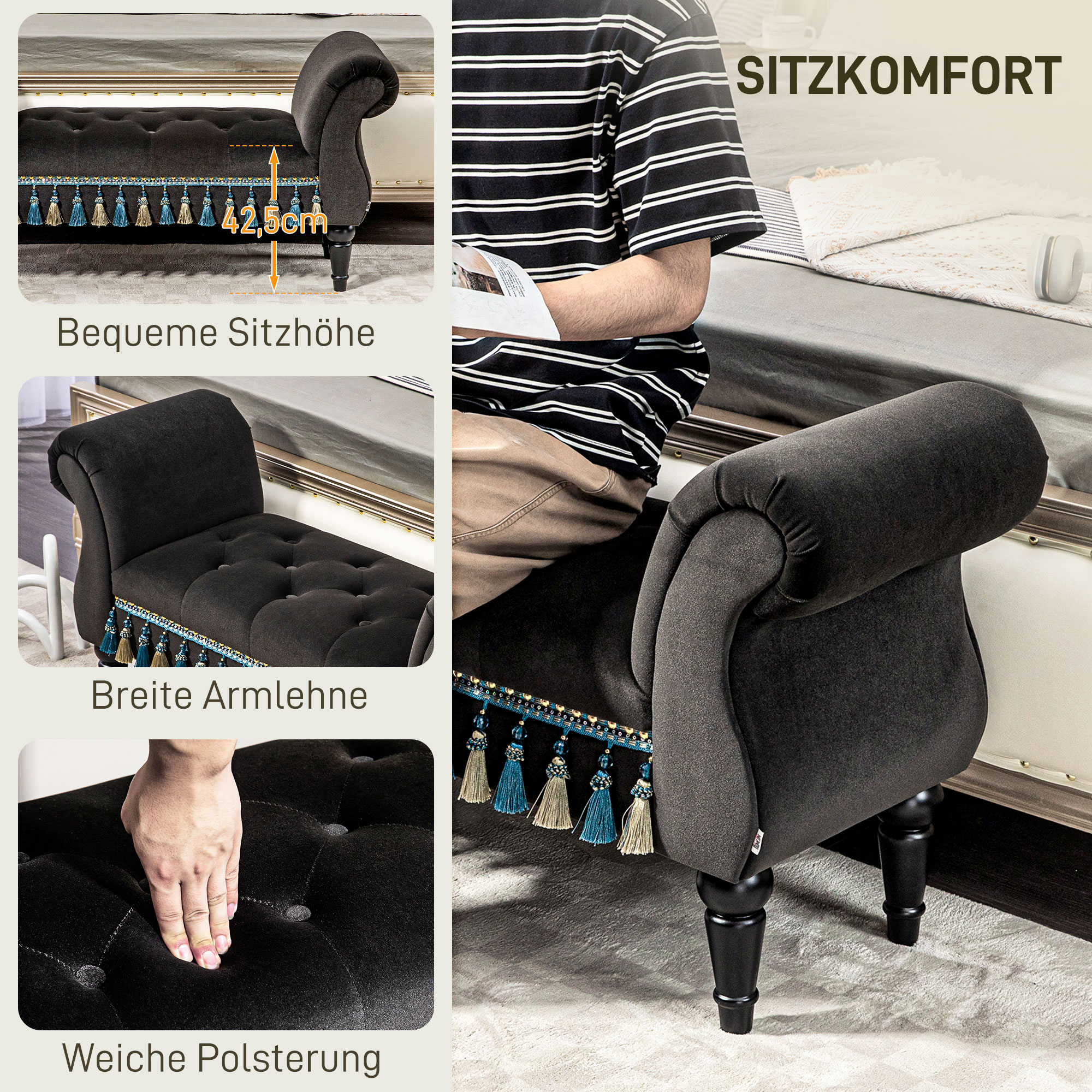 Polsterbank, Sitzbank, Vintage-Design, bis 150 kg, 117x40x58 cm, Dunkelgrau