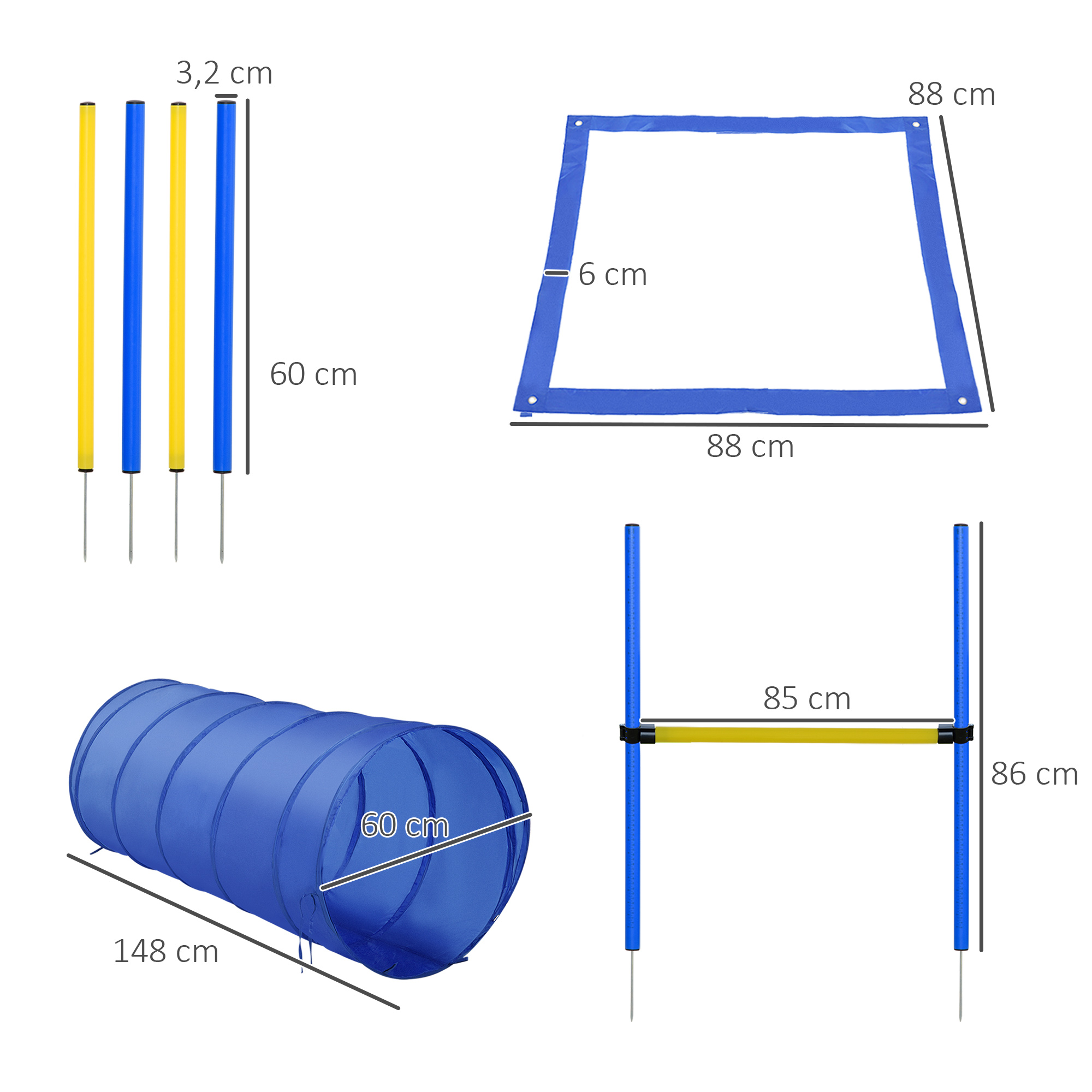 Agility Set Hunde 5-teiliges Agility-Ausrüstung für Hundetraining Steckhürdenset mit Hundetunnel 4 Slalomstangen höhenverstellbar Hürden Pause-Box Tragetasche Agilityset für Spiele Training