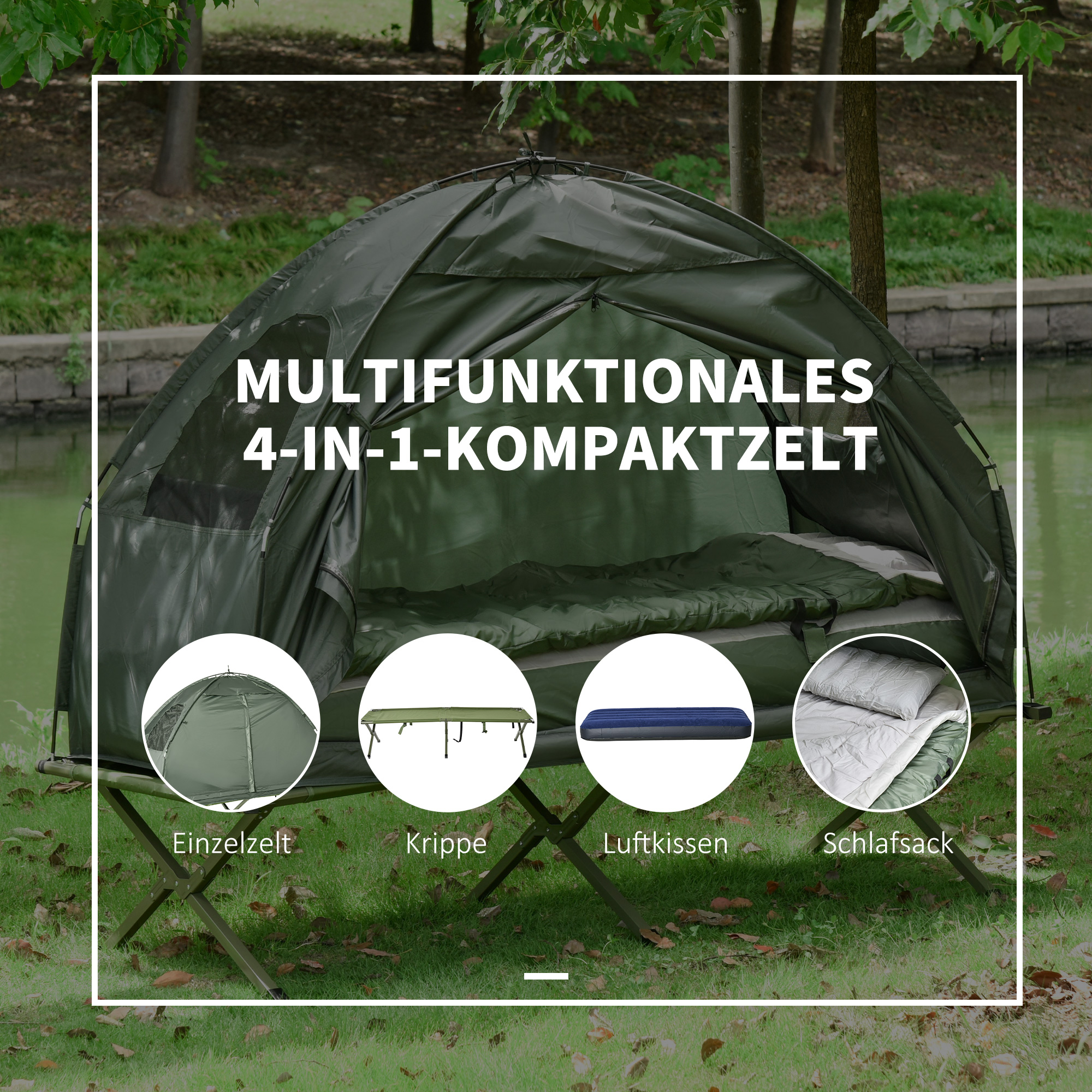 Campingzelt-Set mit Feldbett, Schlafsack und Matratze Dunkelgrün