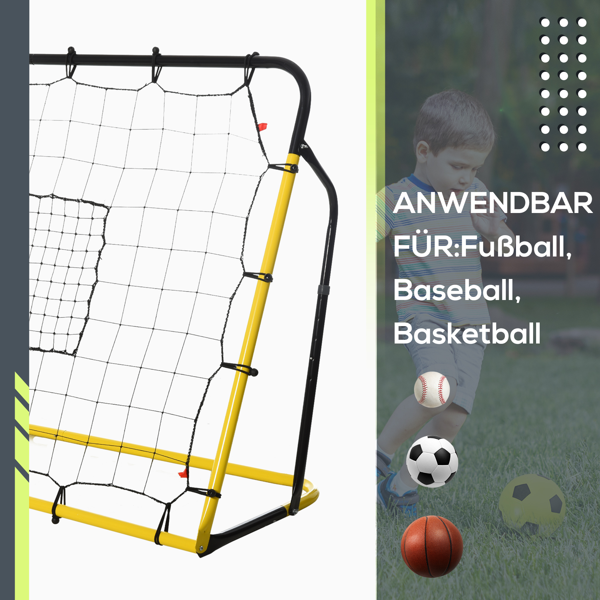Kickback Fußball Rebounder Tor Rückprallwand Netz für Fußball, Basketball und Baseball, Stahl+PE, Gelb+Schwarz, 184 x 63 x 123 cm