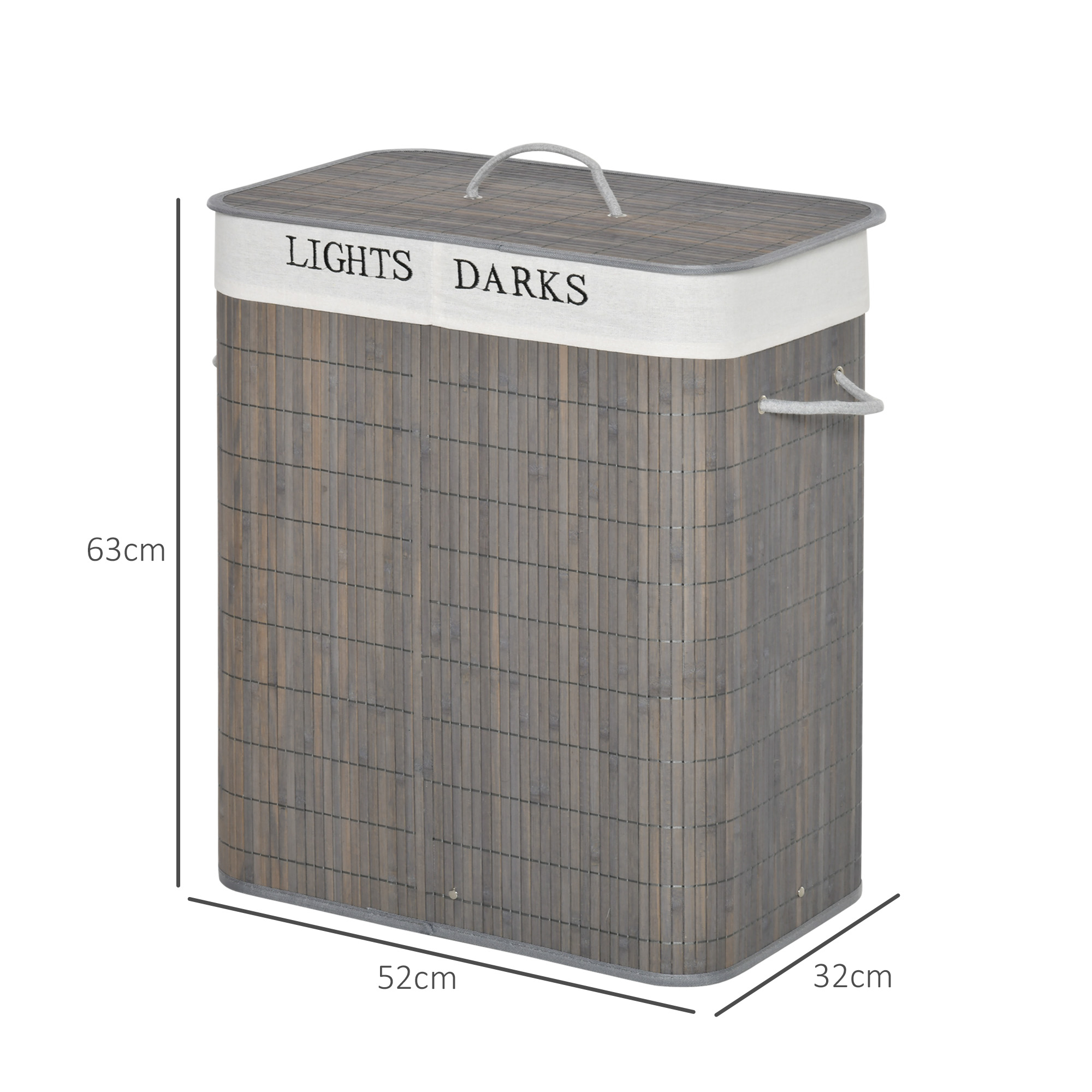 100L Wäschekorb mit 3 Griffen, mit waschbarem Wäschesack, Bambus, Polyester, Baumwolle, Metall, 52 x 32 x 63 cm, Grau