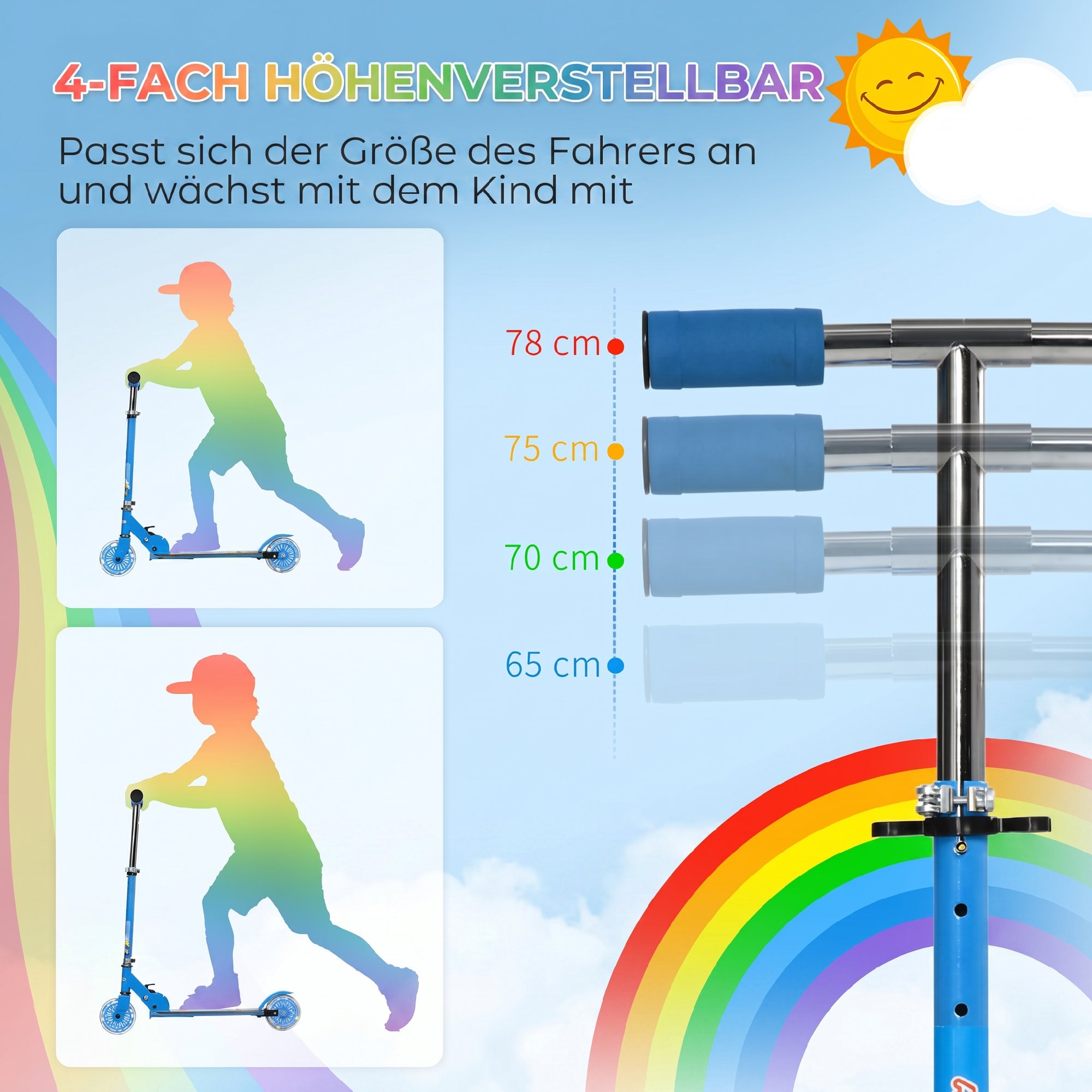 Roller Kinder Scooter mit LED Rädern 124 mm Rollen klappbarer Höhenverstellbar mit Musik Hinterradbremse Blau