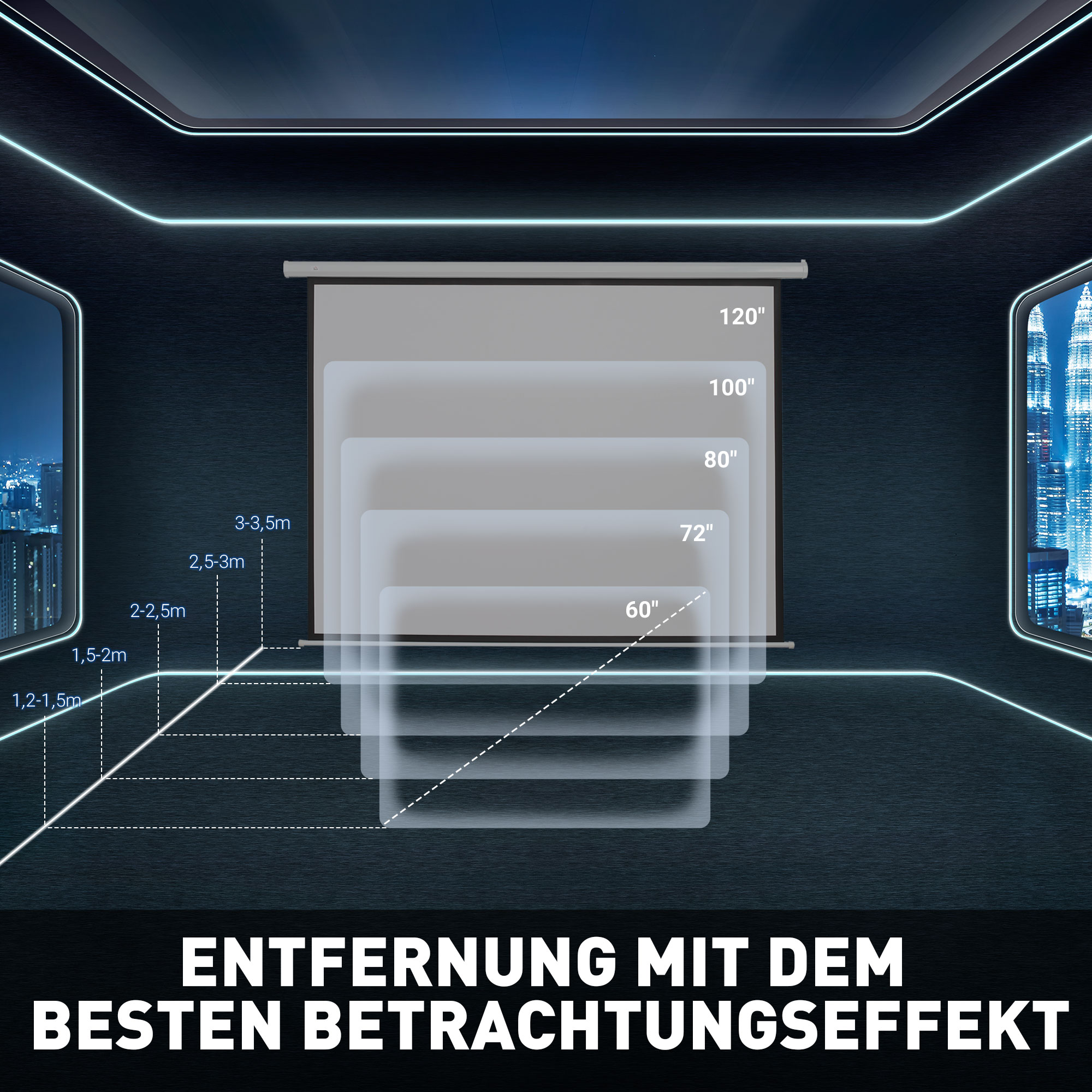 Beamer Leinwand 247 x 168 cm 100 Zoll 16:9 HD 4K Projektionsleinwand Elektrisch mit Fernbedienung, Weiß