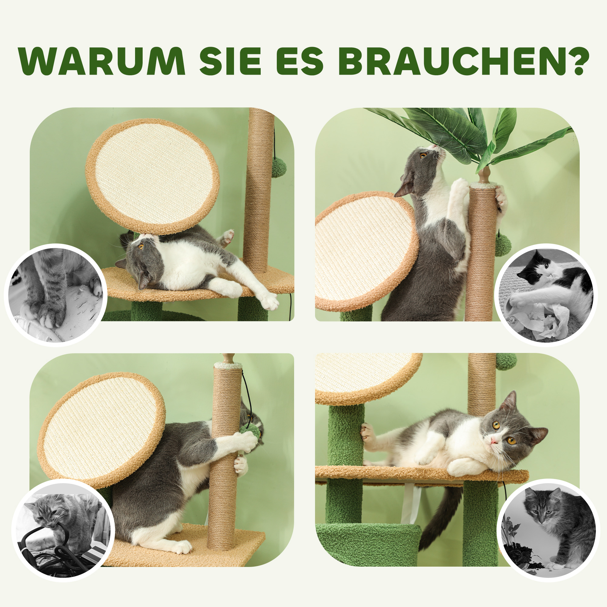 Kratzbaum, 139 cm Katzenbaum mit Höhle, Spielbällen, Sisal-Kratzpfosten und Plattformen, für zwei Katzen, Grün