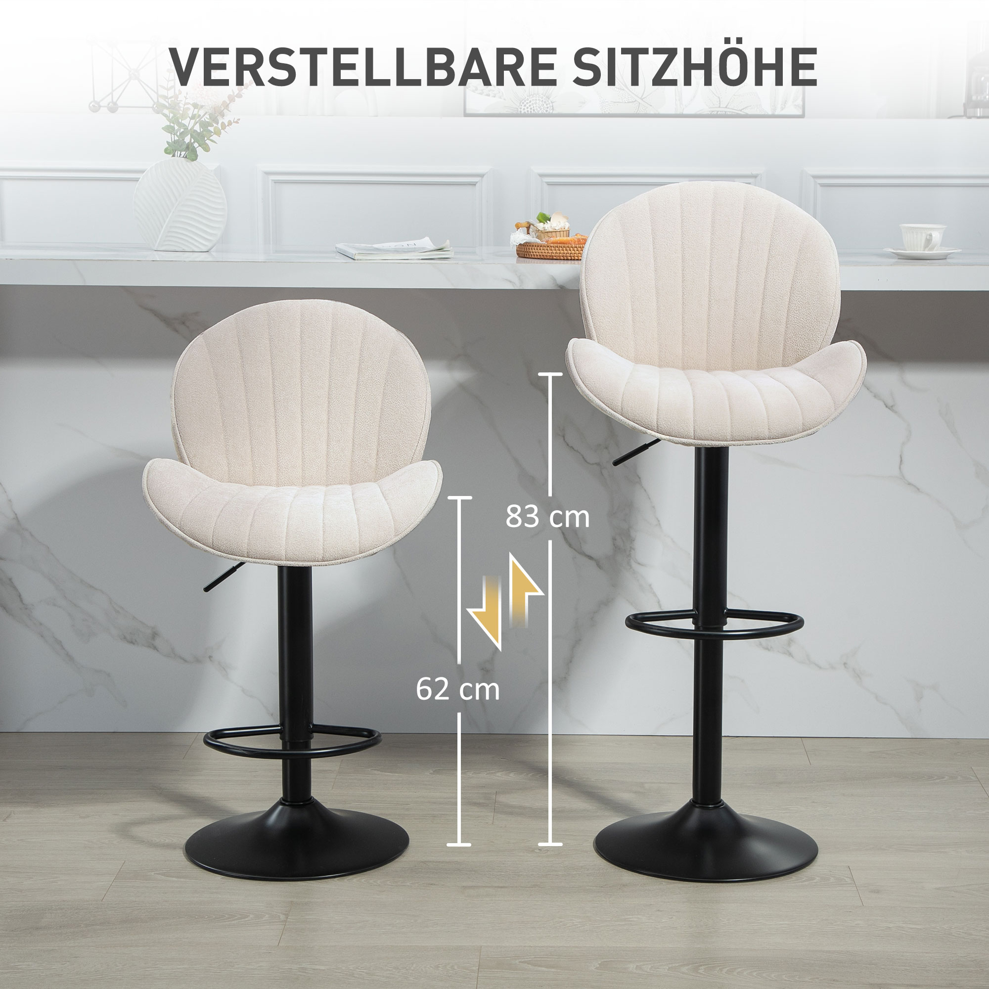 2er-Set Barhocker, Stoffbezug, verstellbare Sitzhöhe, drehbar, Stahlrahmen, Beige