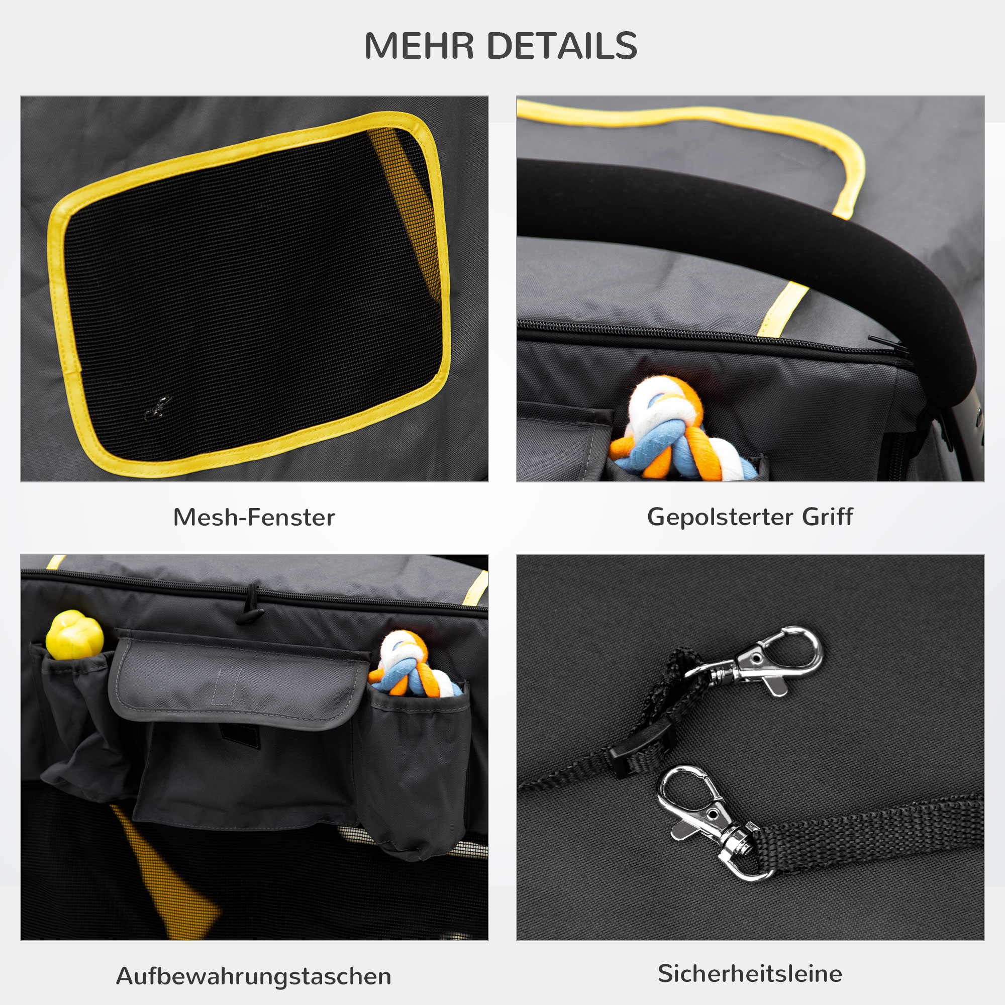 Hundetrolley bis 30kg klappbar One-klick-system 2 Sicherheitsleinen Aufbewahrungstaschen Gepolsterter Griff Dunkelgrau