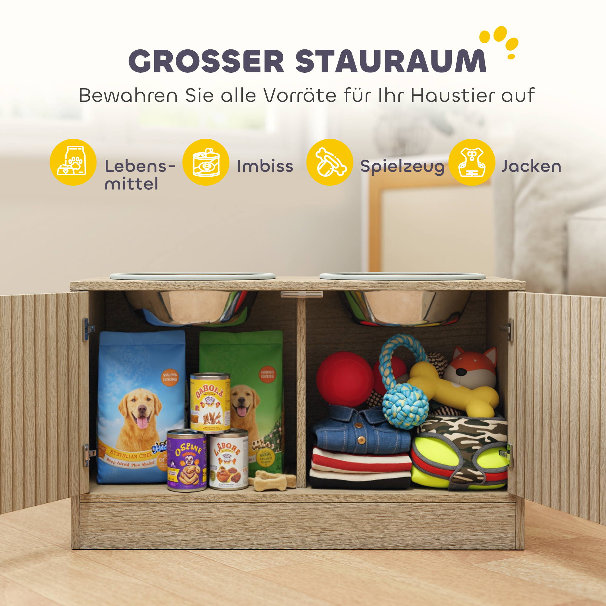 Hundefutterstation mit 2 Edelstahl-Näpfen, Schrank für Utensilien, für große Hunde, Zubehör, Holz