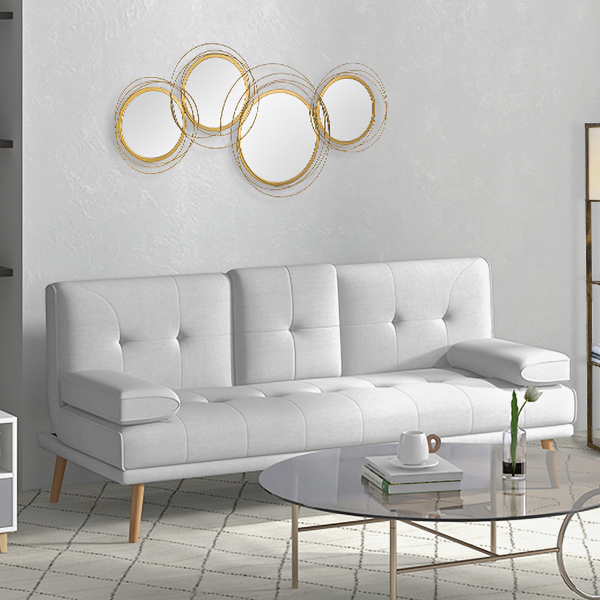 Spiegel-Set für Wanddekoration, Wandschmuck mit 4 runden Spiegeln, Wandspiegel, Flurspiegel,107 x 4 x 56 cm