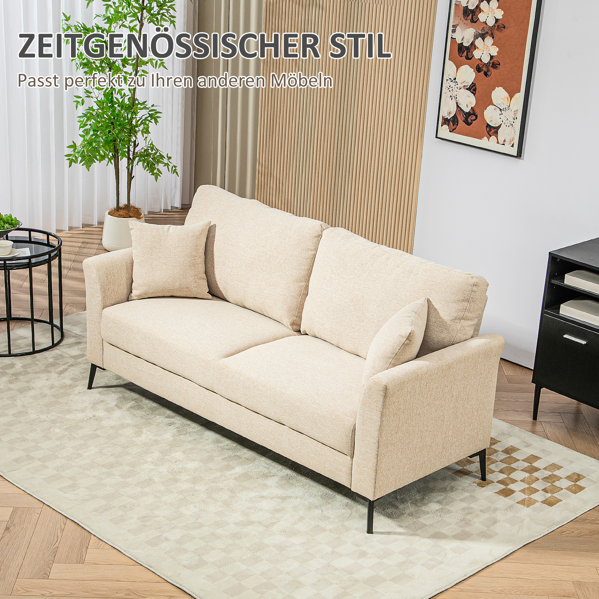 2-Sitzer Sofa mit Leinenoptik, dicke Polsterung, bis 360 kg, 179 x 80 x 89 cm, Beige