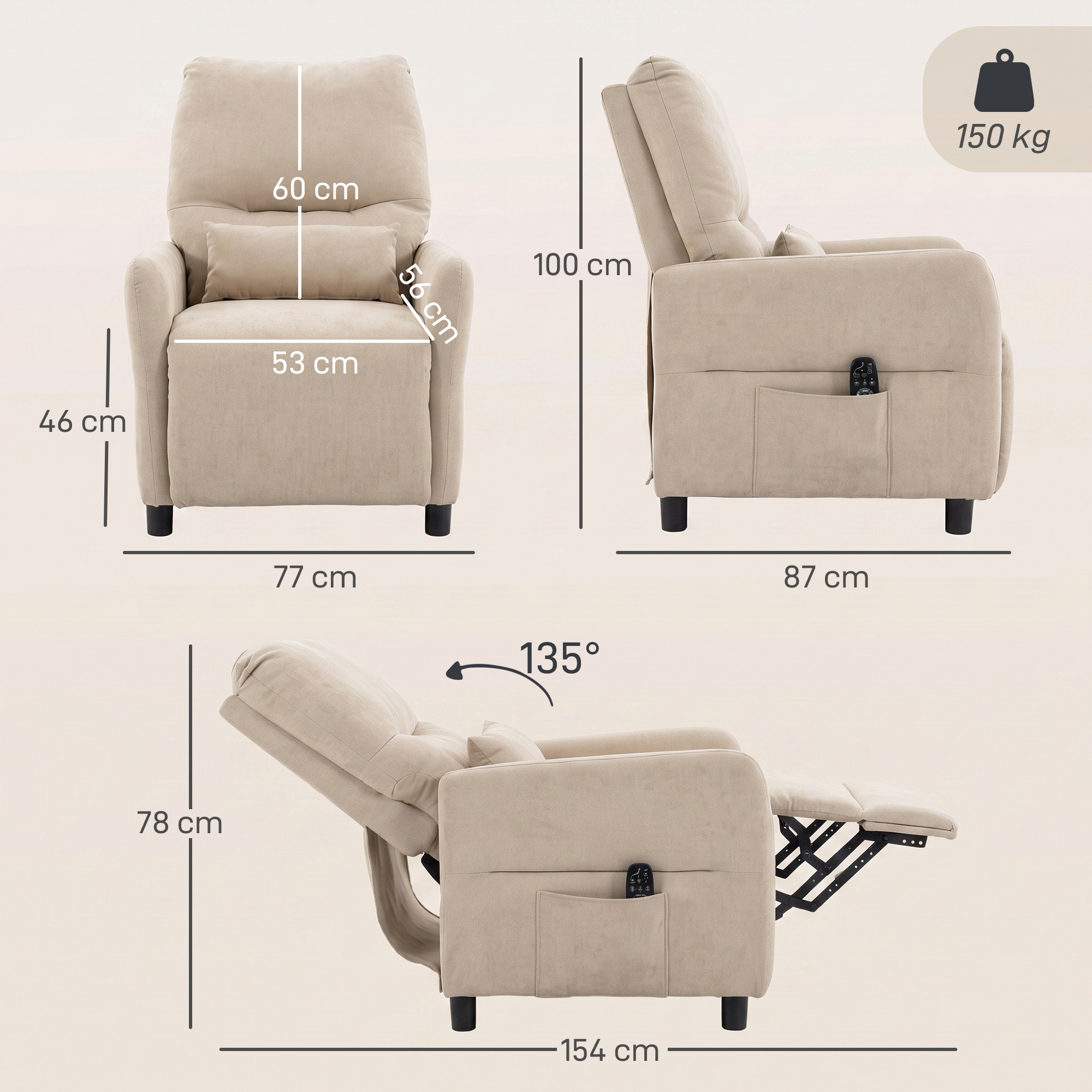 Relaxsessel mit Massage & Wärme, Liegefunktion, 2 Seitentaschen und ausziehbarer Fußstütze, Beige