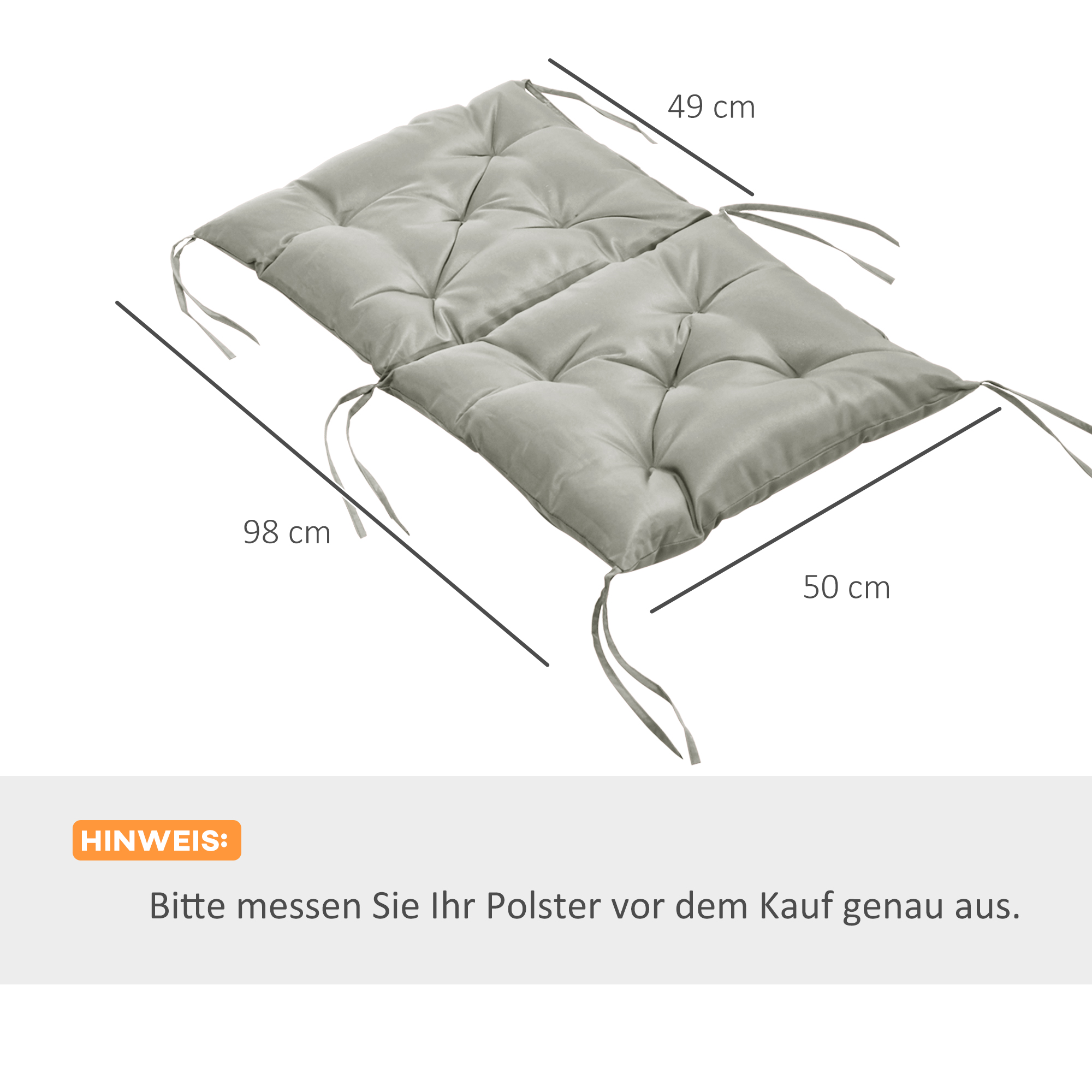 2er-Set Sitzkissen, 98 x 50 cm Stuhlkissen mit Bindebänder, Stoffbezug, 8cm dick Hellgrau