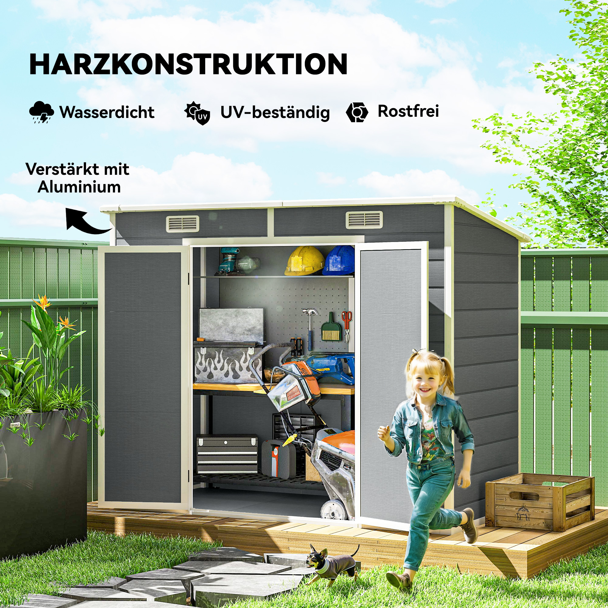 2,4 x 1,3 m Gartenschuppen, Kunststoff-Gartenhaus mit Boden, Fenster, verschließbare Türen, für Garten, Terrasse, Grau