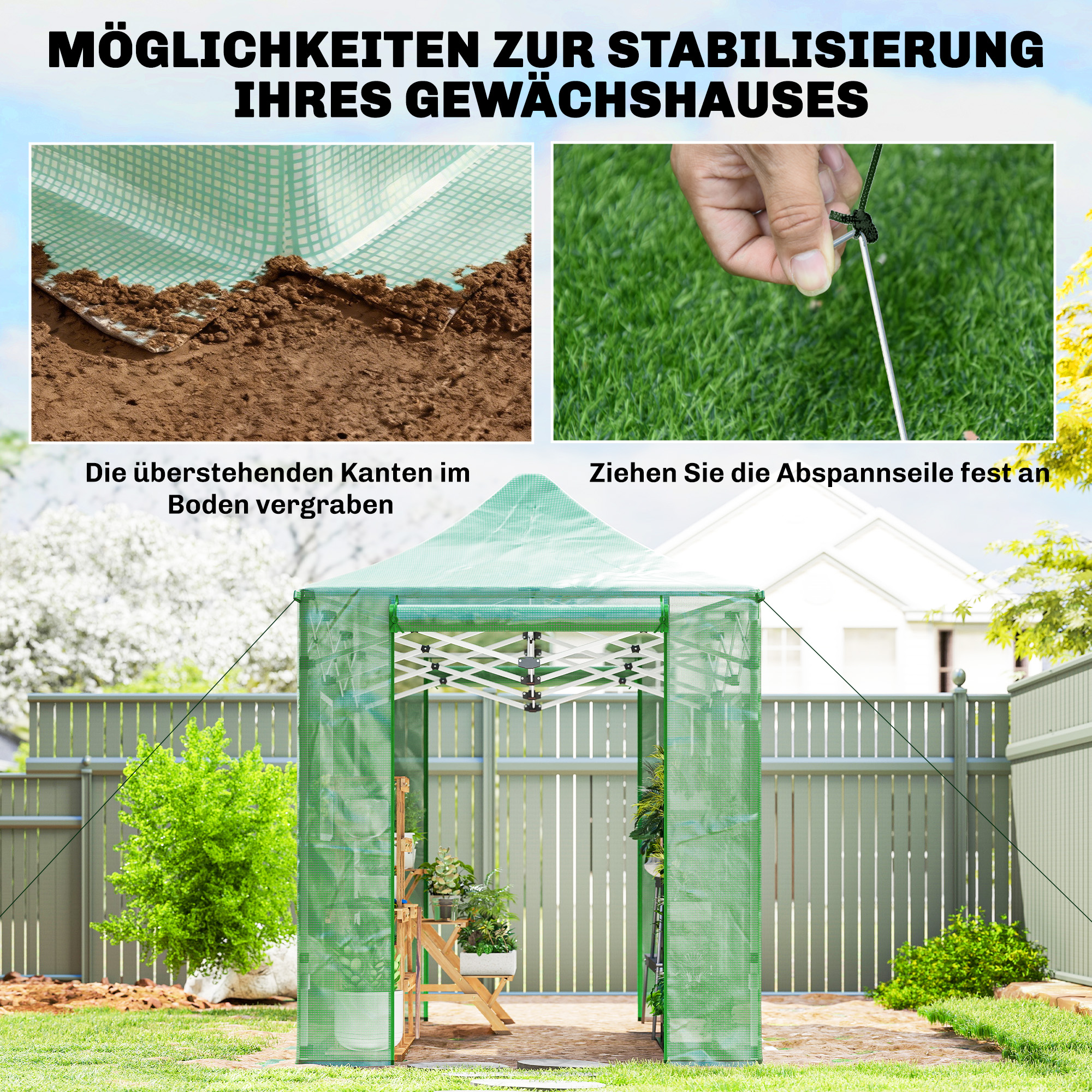 Pop Up Gewächshaus ca. 200x300x270 cm Faltbar Foliengewächshaus mit Satteldach Reißverschlusstüren und -fenstern