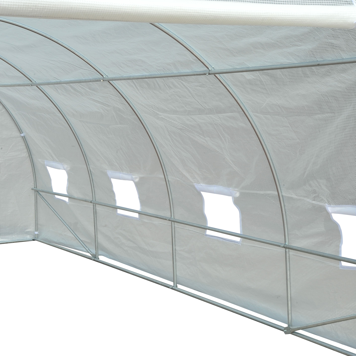 Gewächshaus 595x300x200cm Foliengewächshaus Tomatenhaus mit Tür, Fenster, Folientunnel aus verzinktem Stahl, Pflanztunnel, Treibhaus inkl. Erdanker Seilen, Gartentunnel, Weiß