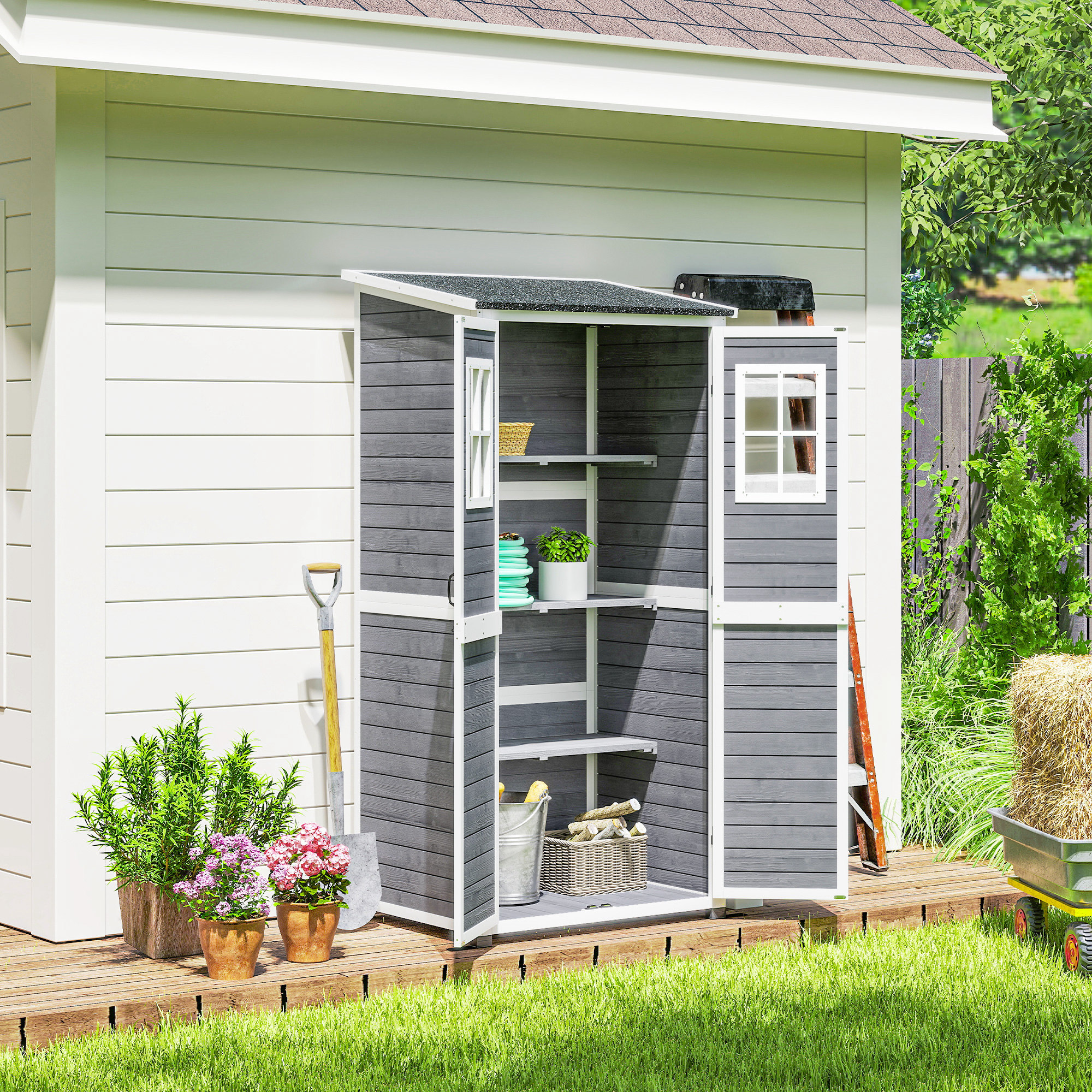 Gartenlagerschuppen, Werkzeugschuppen mit 2 Fenstern, Bodenpfähle, Asphalt-Dach, 91 x 69 x 192 cm, Tannenholz, Hellgrau
