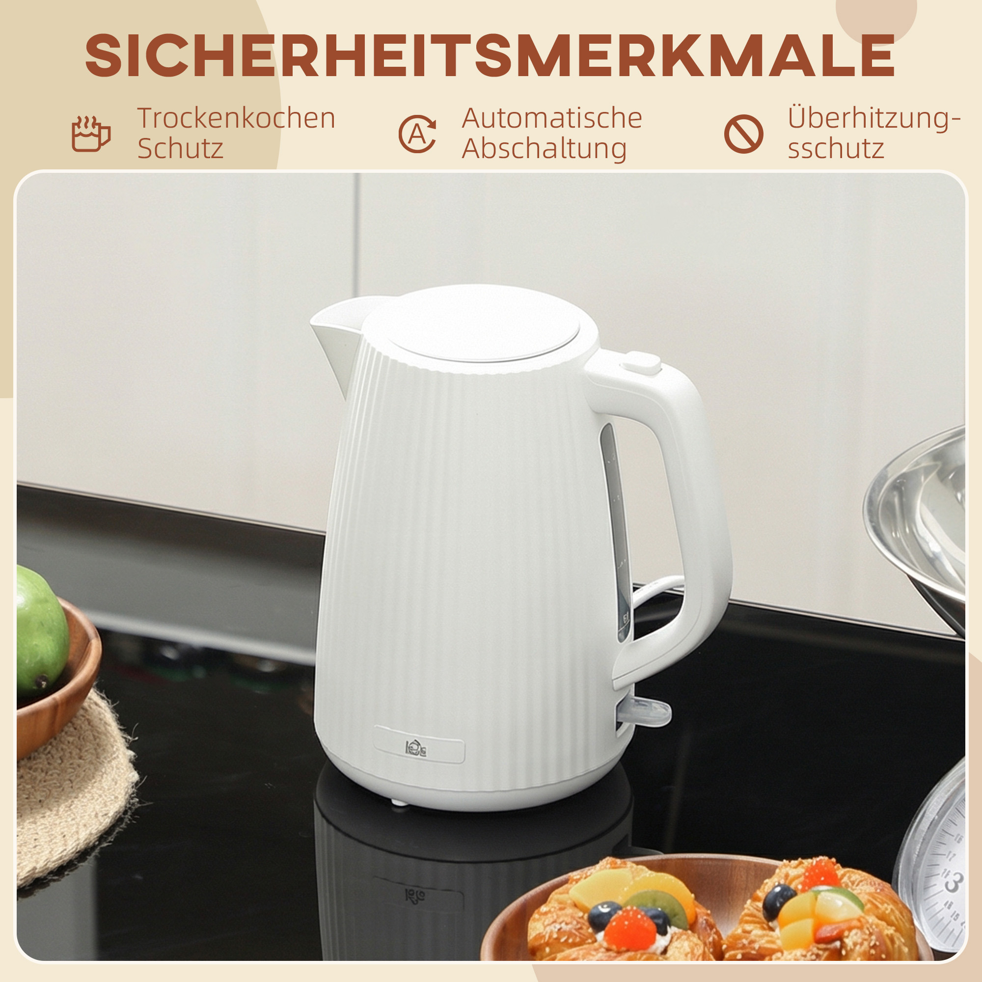 Wasserkocher, 1,7L Schnellkochfunktion, 2200W, mit herausnehmbarem Kalkfilter, Abschaltautomatik, Cremeweiß