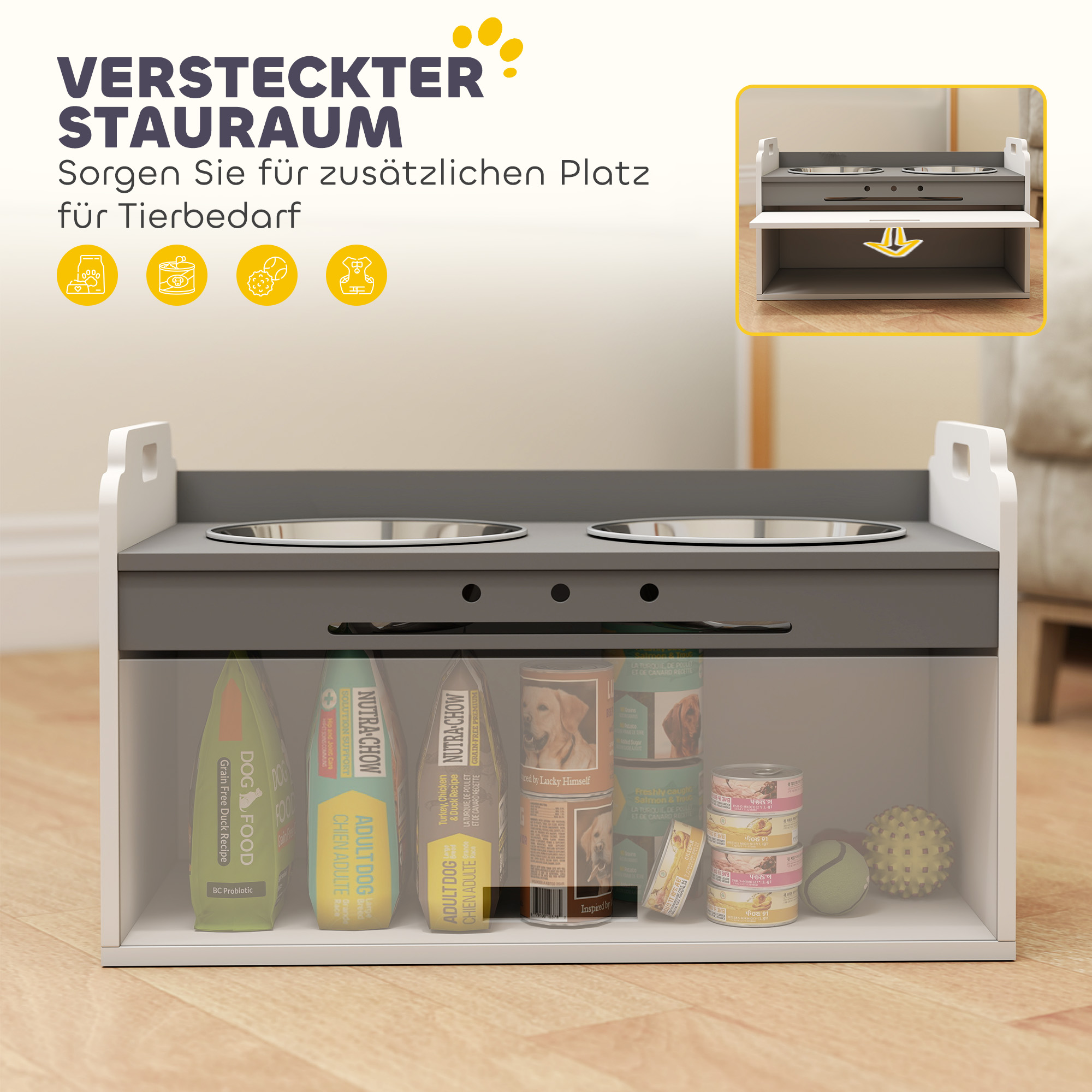 Hundenapf erhöht Futternapf mit Aufbewahrungsschrank, 2 Schüsseln mit Anti-Rutsch-Ringe, 60 x 30 x 35,5 cm, Weiß