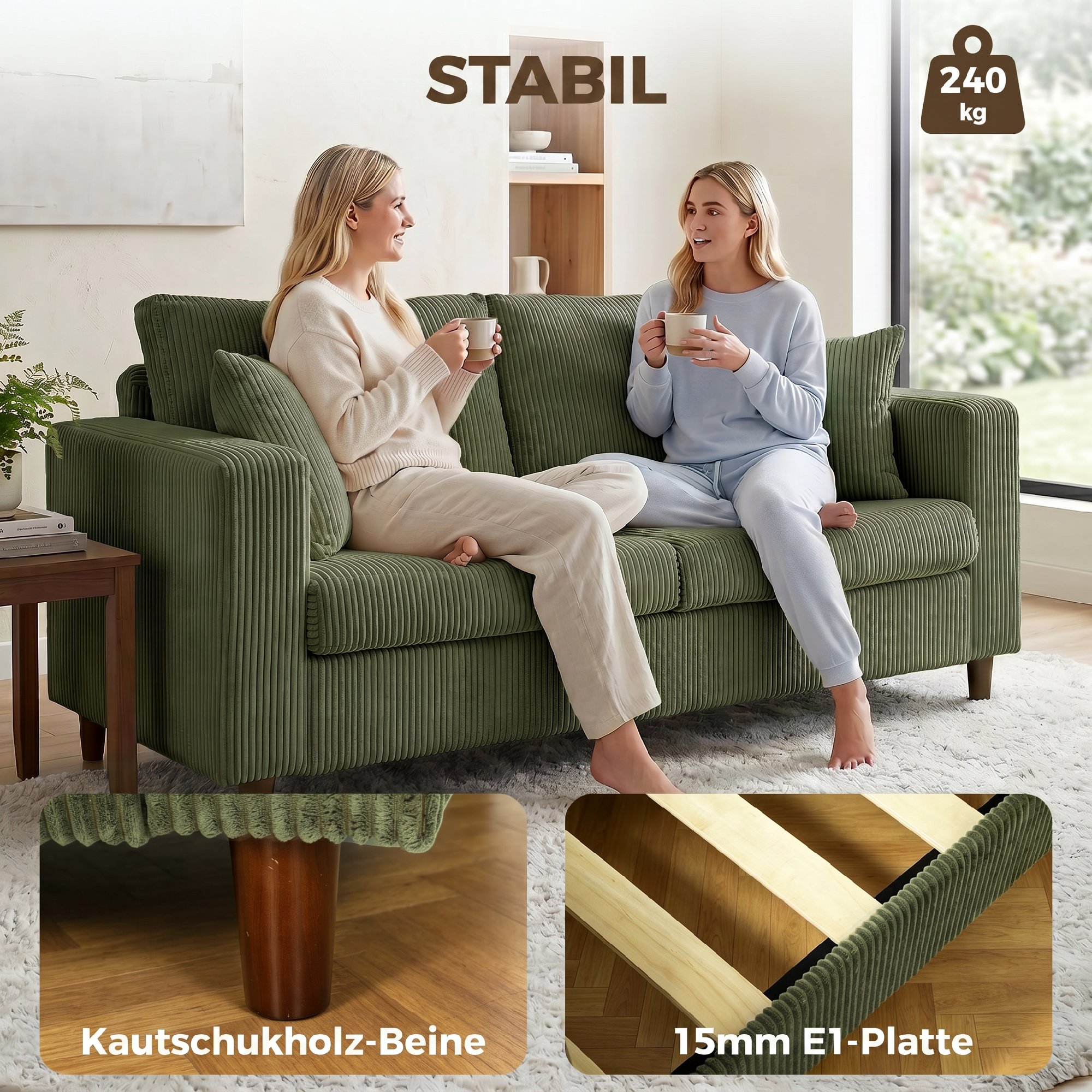 2-Sitzer-Cordsofa mit breiter tiefer Sitzfläche und Federkernpolster, grün