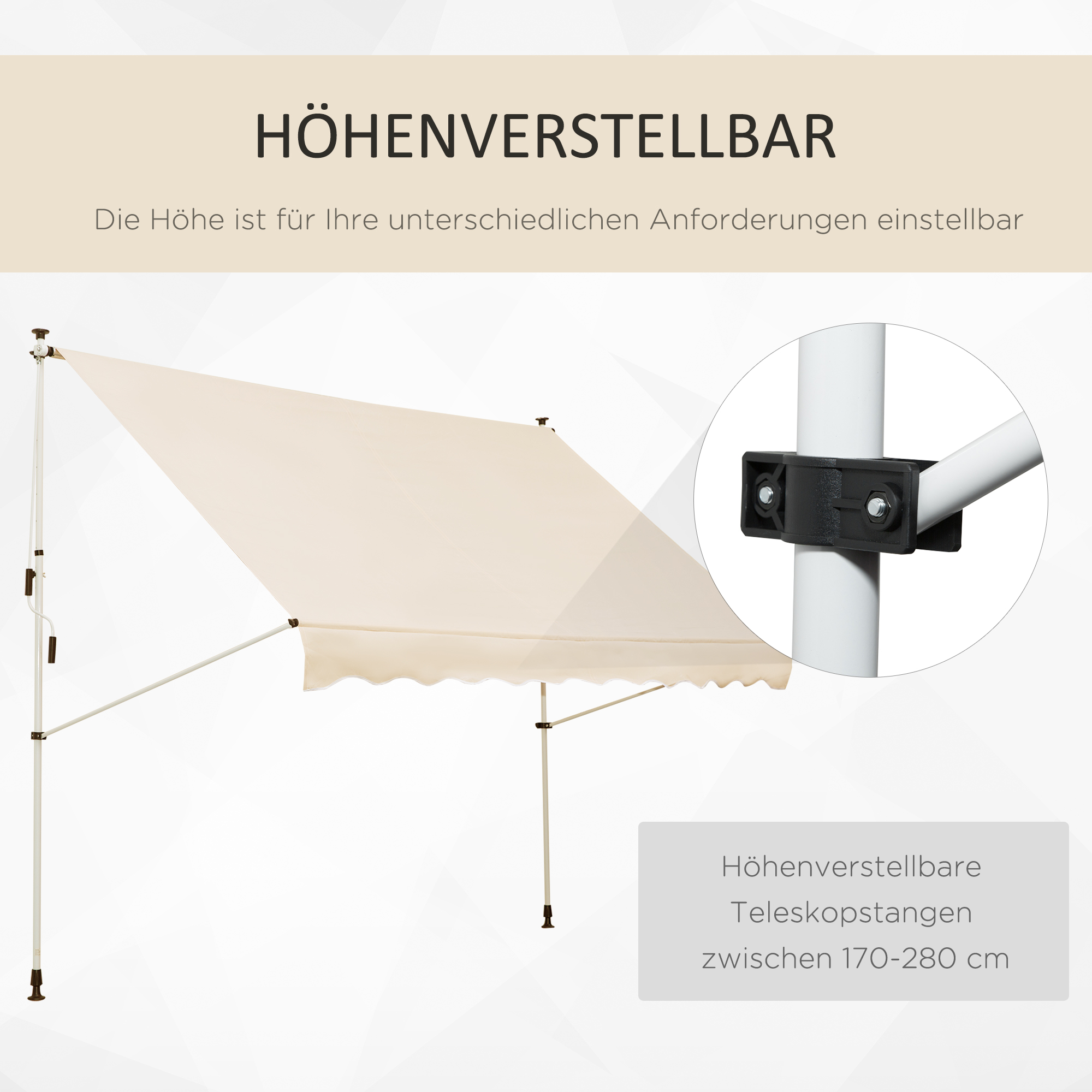 Klemmmarkise mit Handkurbel höhenverstellbar Gelenkarmmarkise schmutzabweisend, witterungsbeständig Balkonmarkise 150cm breit Terrassenmarkise für Terrasse Balkon Veranda Beige