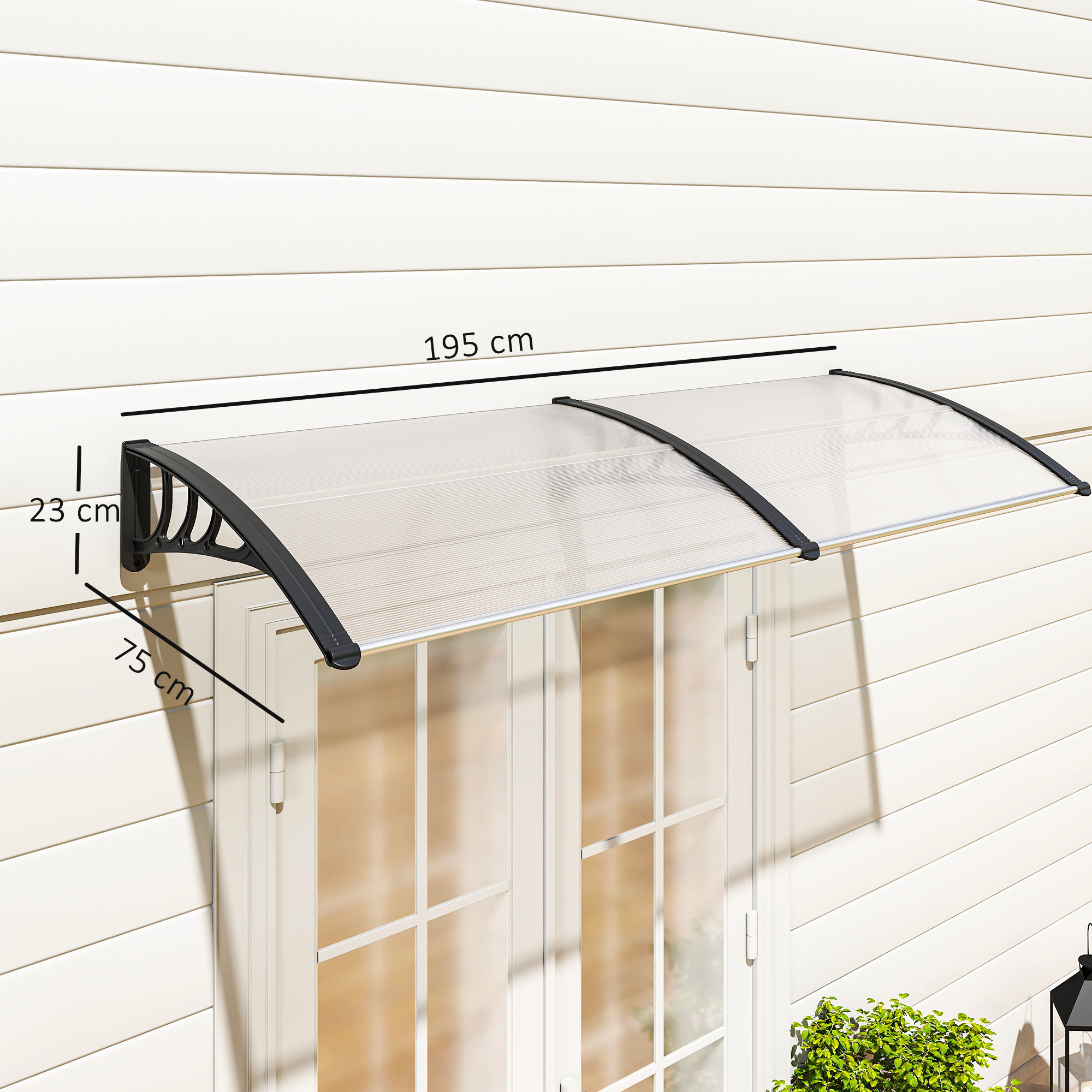 Pultvordach Vordach für Haustür 75x195x23 cm Überdachung 5mm Polycarbonat Sonnenschutz Regenschutz für draußen Alu Transparent