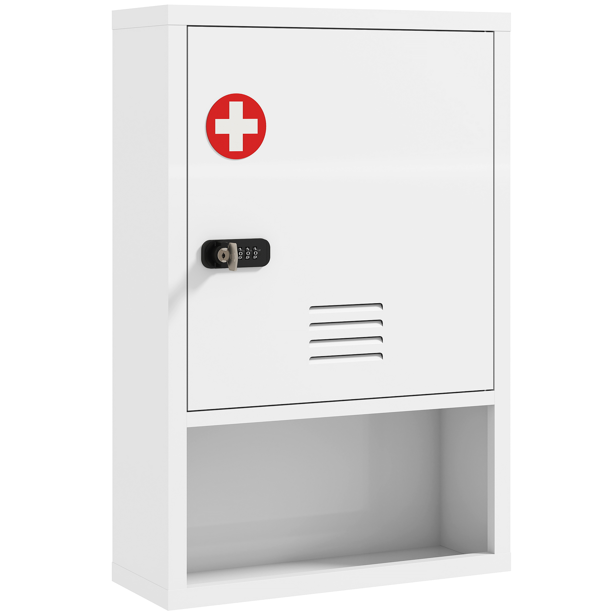 Medizinschrank zur Wandmontage mit Zahlenschloss und Schlüssel, 3-stufig, abschließbar, Weiß