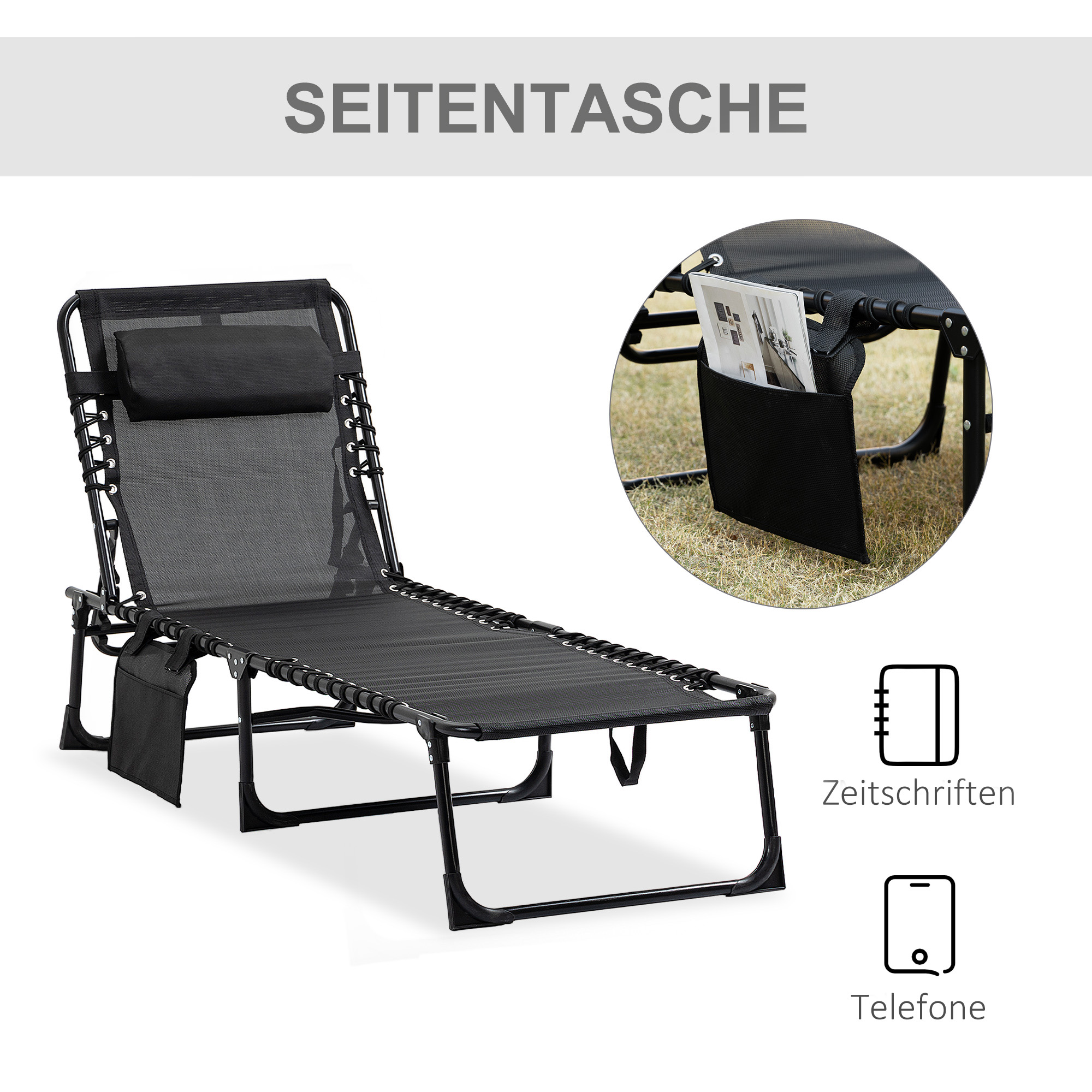 Liegestuhl, Zusammenklappbare Liege mit Nackenkissen, Stahlrahmen, Netzstoffbezug, 120 kg Belastbarkeit, Schwarz