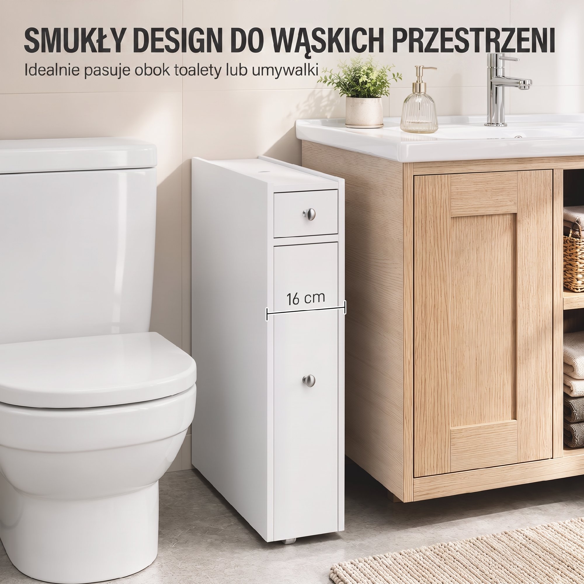 schmaler Badezimmerschrank, Badschrank stehend mit 2 Schubladen, Weiß