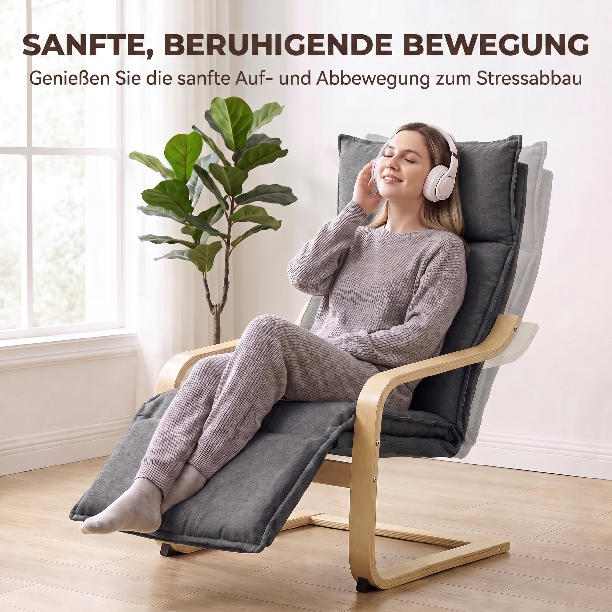 Loungesessel Wohnzimmer Sessel mit Fußstütze, Leinenoptik Moderner Schwingsessel mit Schaukelfunktion Dunkelgrau