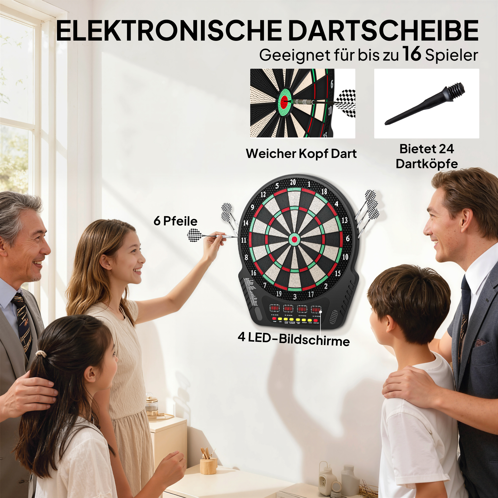 elektronische Dartscheibe Dartboard Dart-set mit LED Anzeige mit automatischer Wertung Soundeffekte 6 Darts 24 Dartköpfe 27 Spiele und 243 Trefferoptionen für 16 Spieler 44 x 51,5 x 3,2 cm