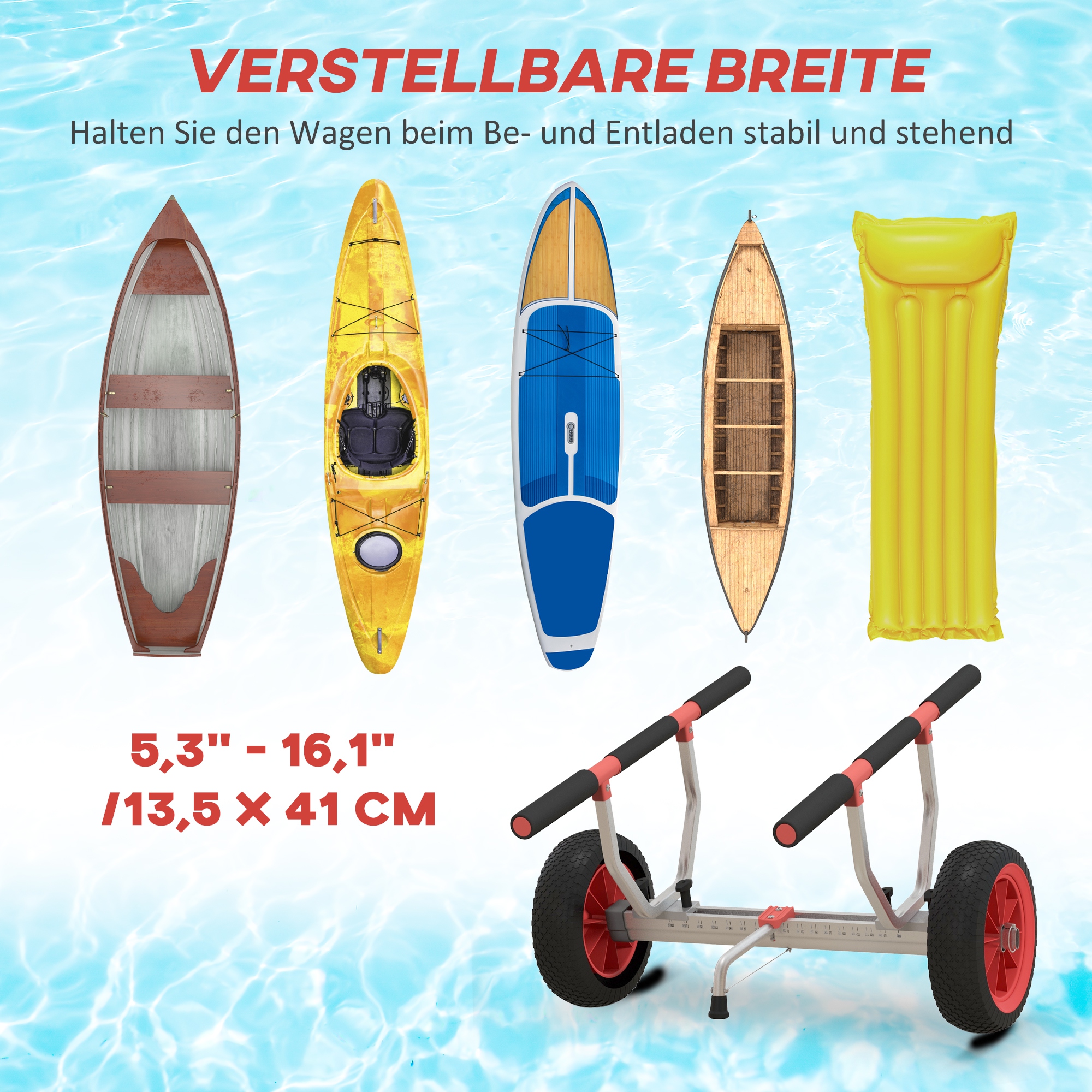 Transportwagen Verstellbarer Alu Kajakwagen bis 100 kg Bootswagen mit Spanngurte
