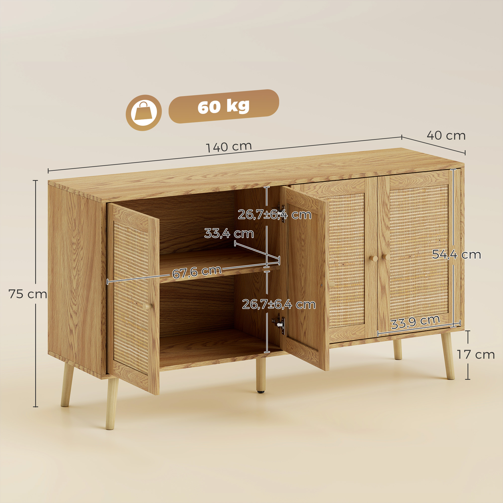 Rattan Sideboard mit 4 Türen, Boho Küchenbuffet mit 2 verstellbaren Einlegeböden, Holzoptik natur