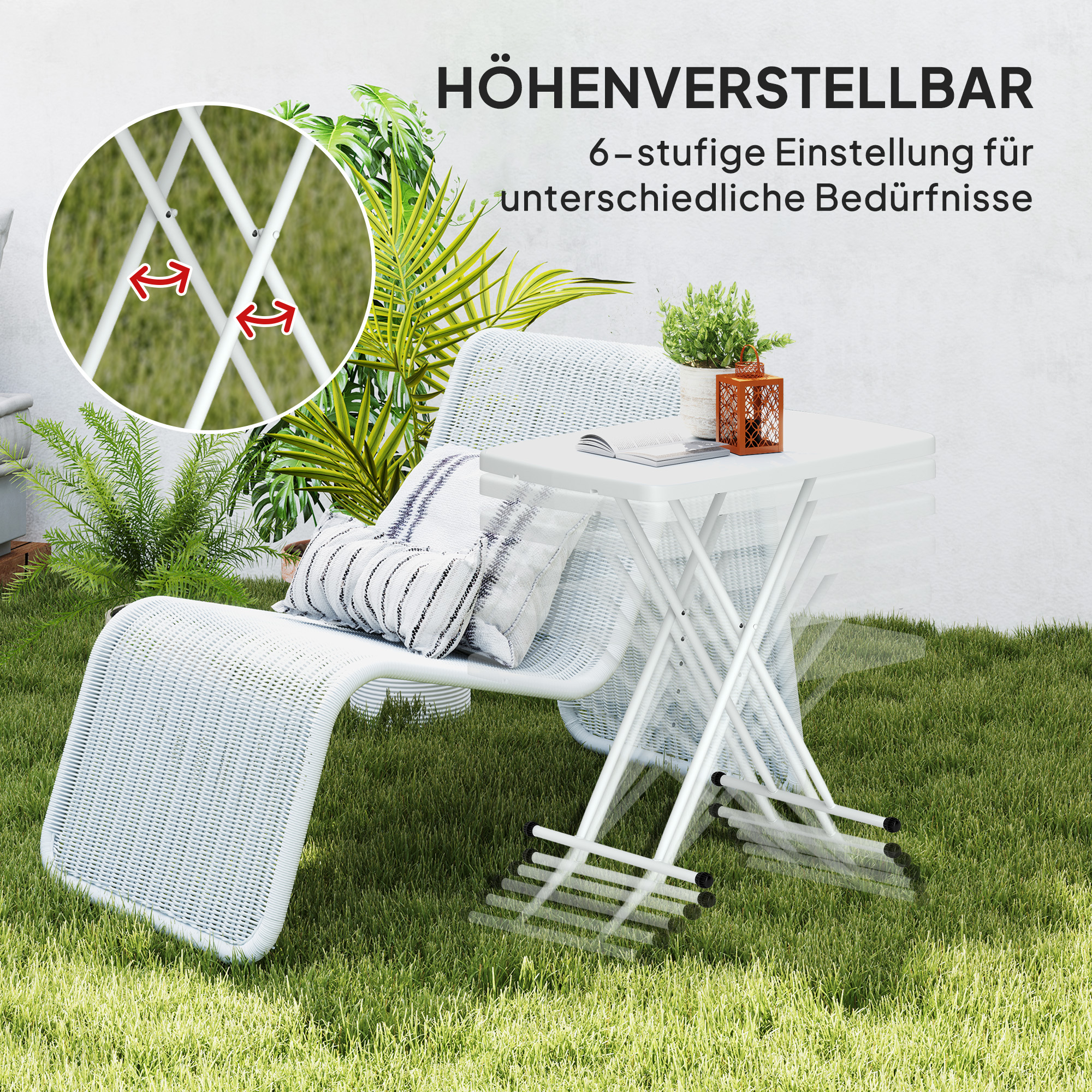 Gartentisch, Tragbarer Tisch für den Außenbereich aus Kunststoff und Metall, Bistrotisch, für Terrasse, Garten, Weiß