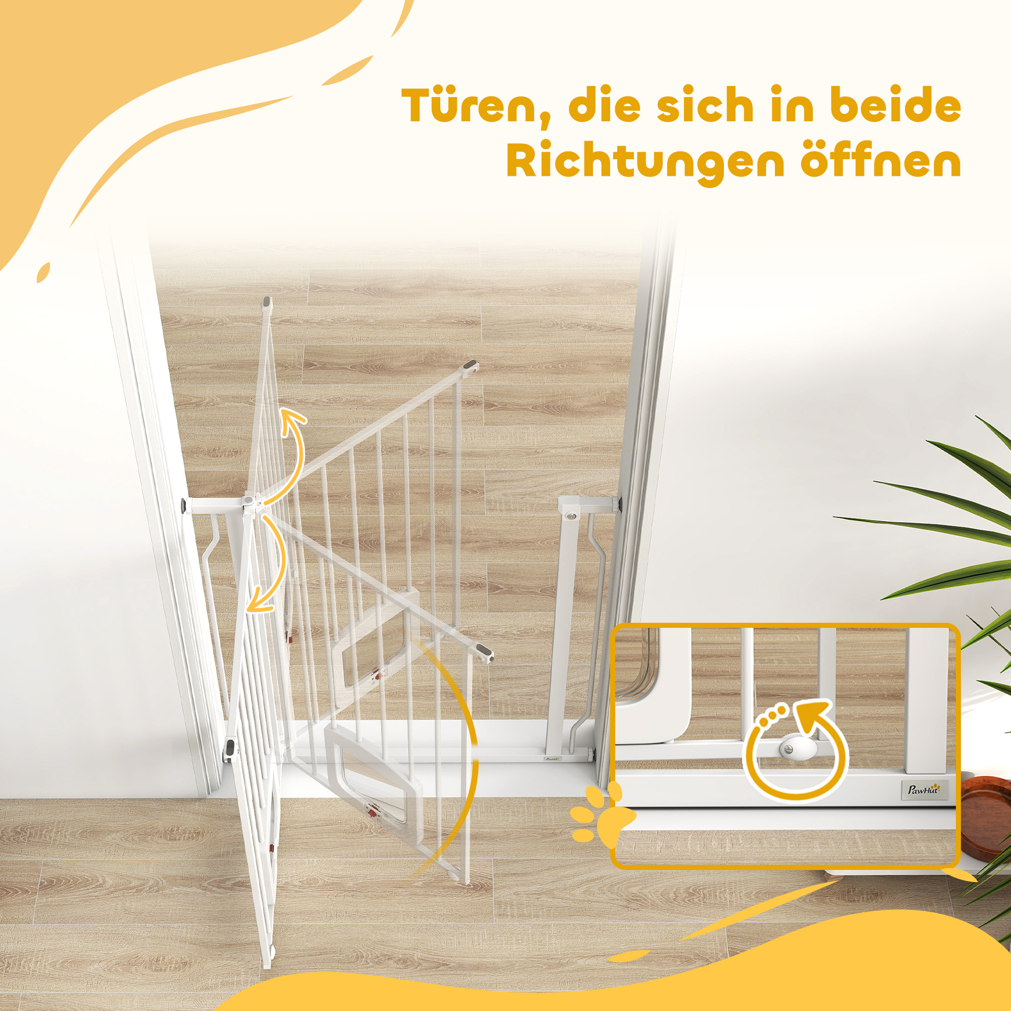 Treppenschutzgitter Türschutzgitter mit Katzenklappe ohne Bohren 75-85 cm aus Stahl für Hunde, Treppen, Tür, Weiß