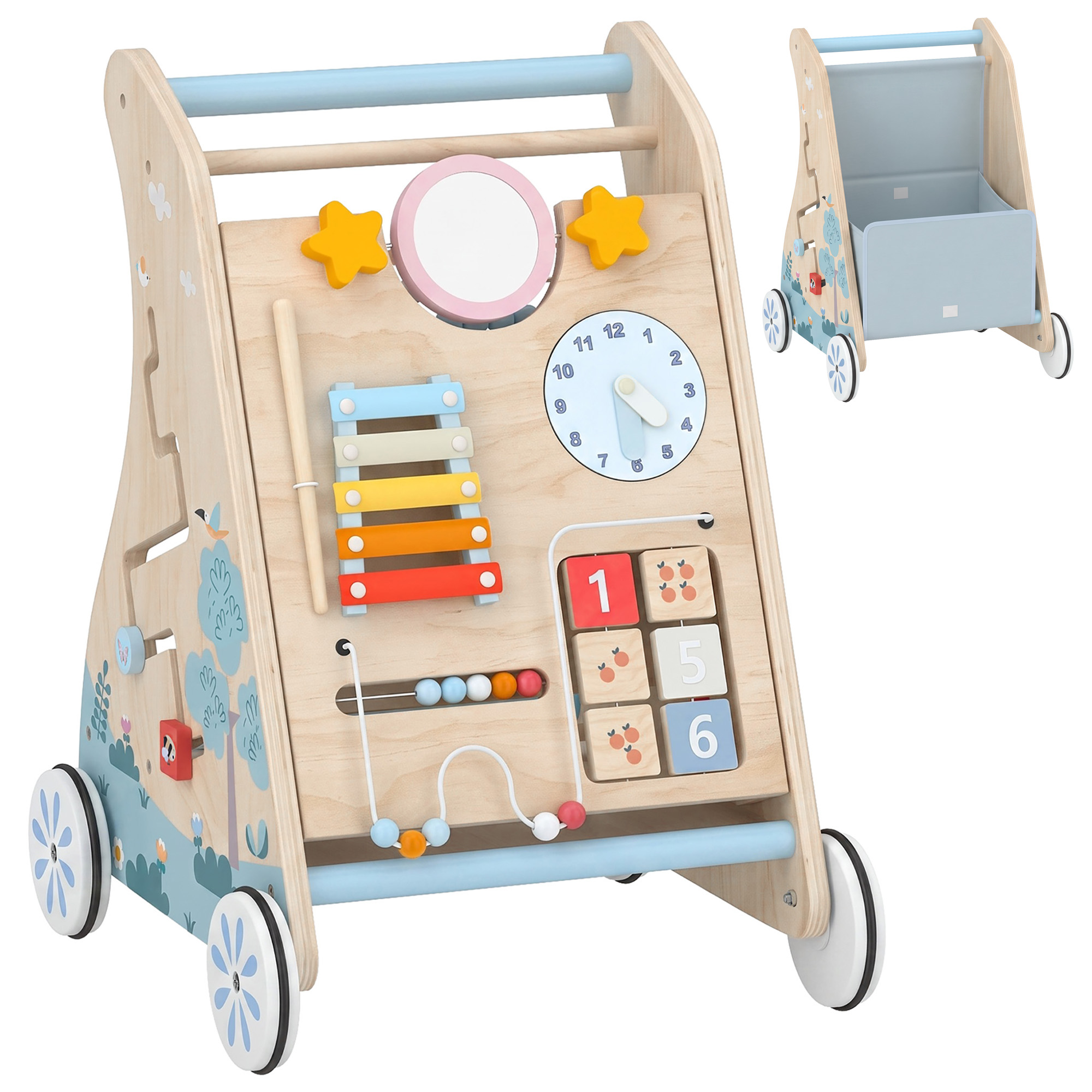 3-in-1 Baby Lauflernwagen Lauflernhilfe mit abnehmbar doppelseitig Aktivitätstafel Tasche Rädern für 1-3 Jahre