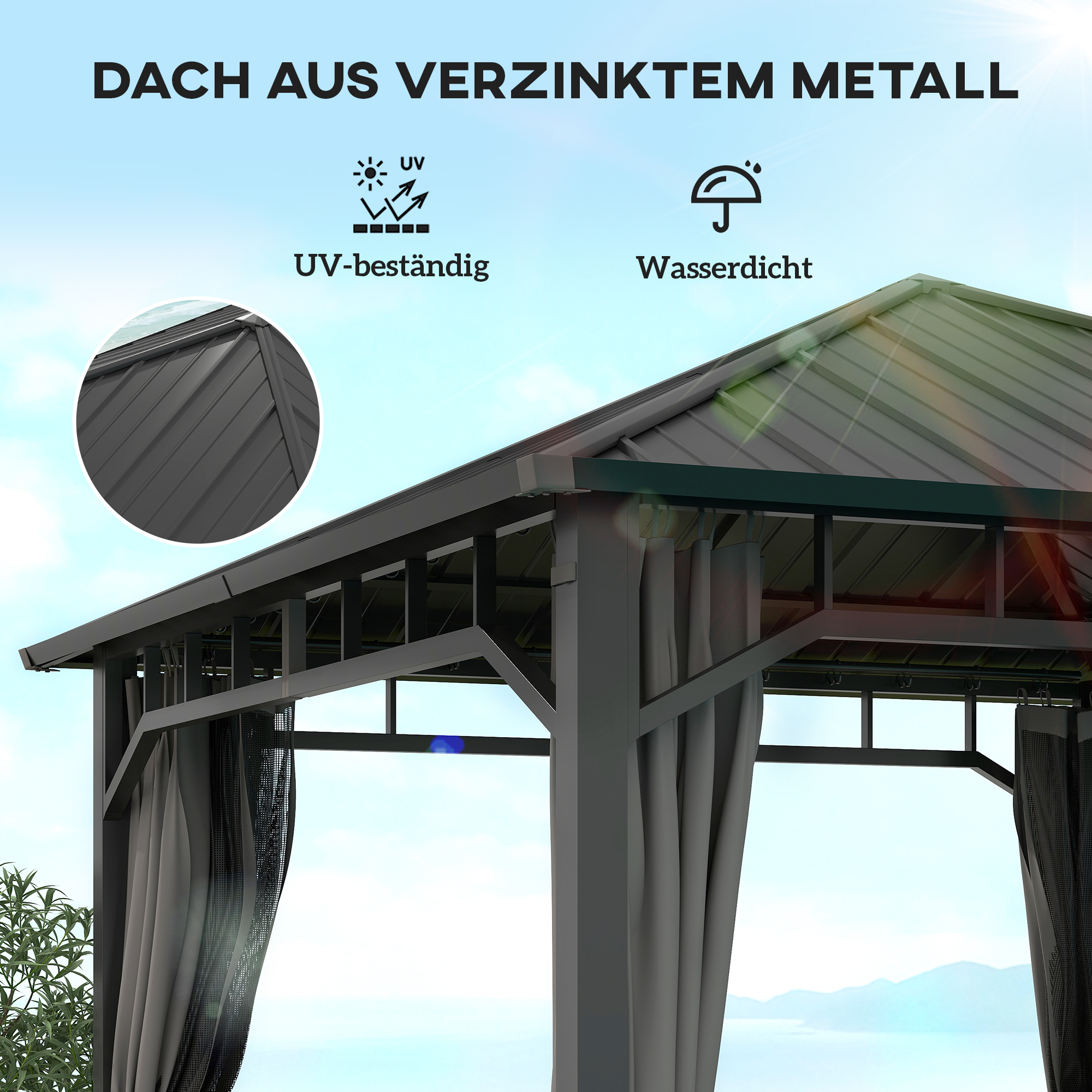 Pavillon 3 x 3 m Wasserdicht Stabil Winterfest Gartenpavillon mit Seitenteile, Netze, Haken Hardtop Dunkelgrau