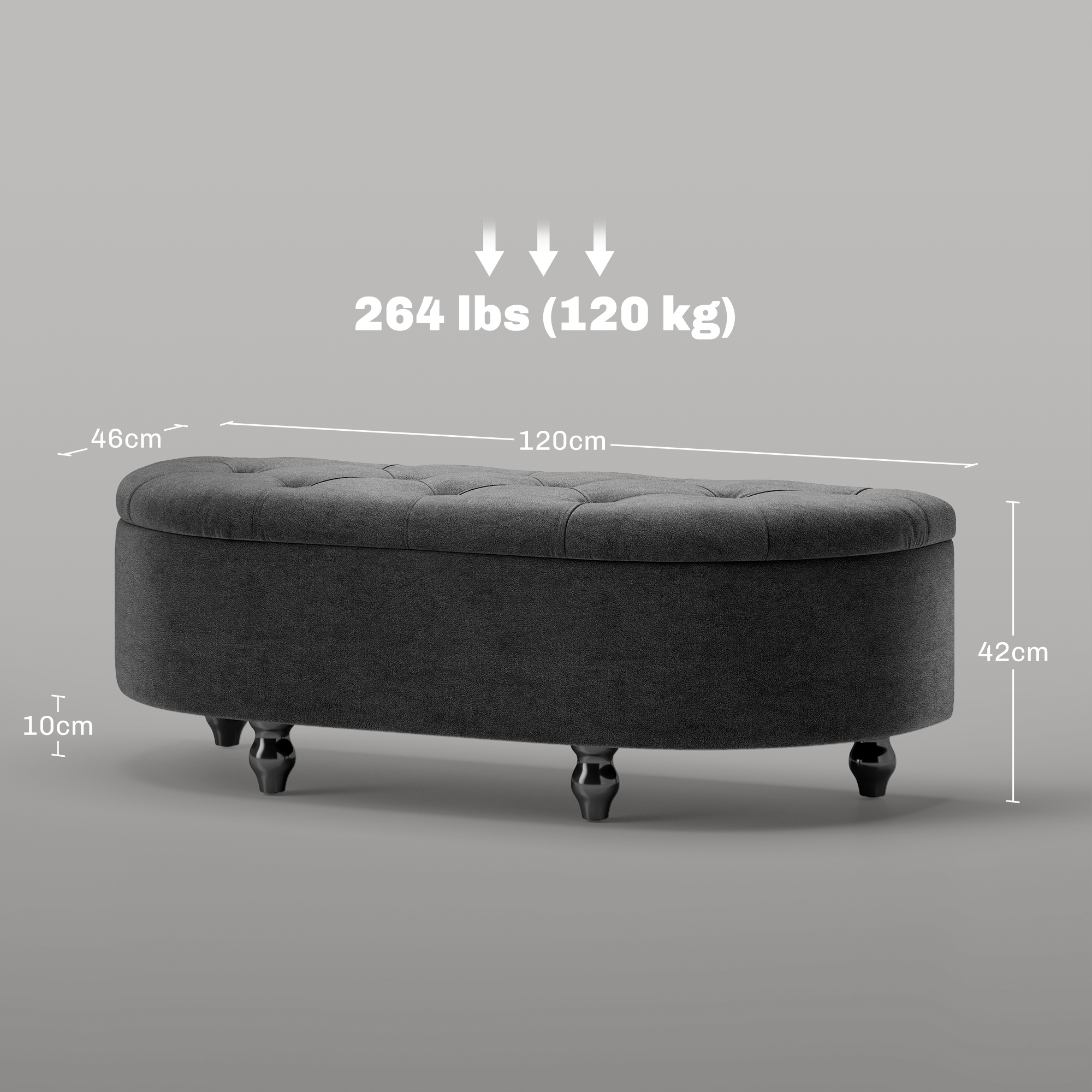 Hocker mit Stauraum, Sitztruhe, gepolstert, soft-close Deckel, Samtoptik, 120 x 46 x 42 cm, Dunkelgrau