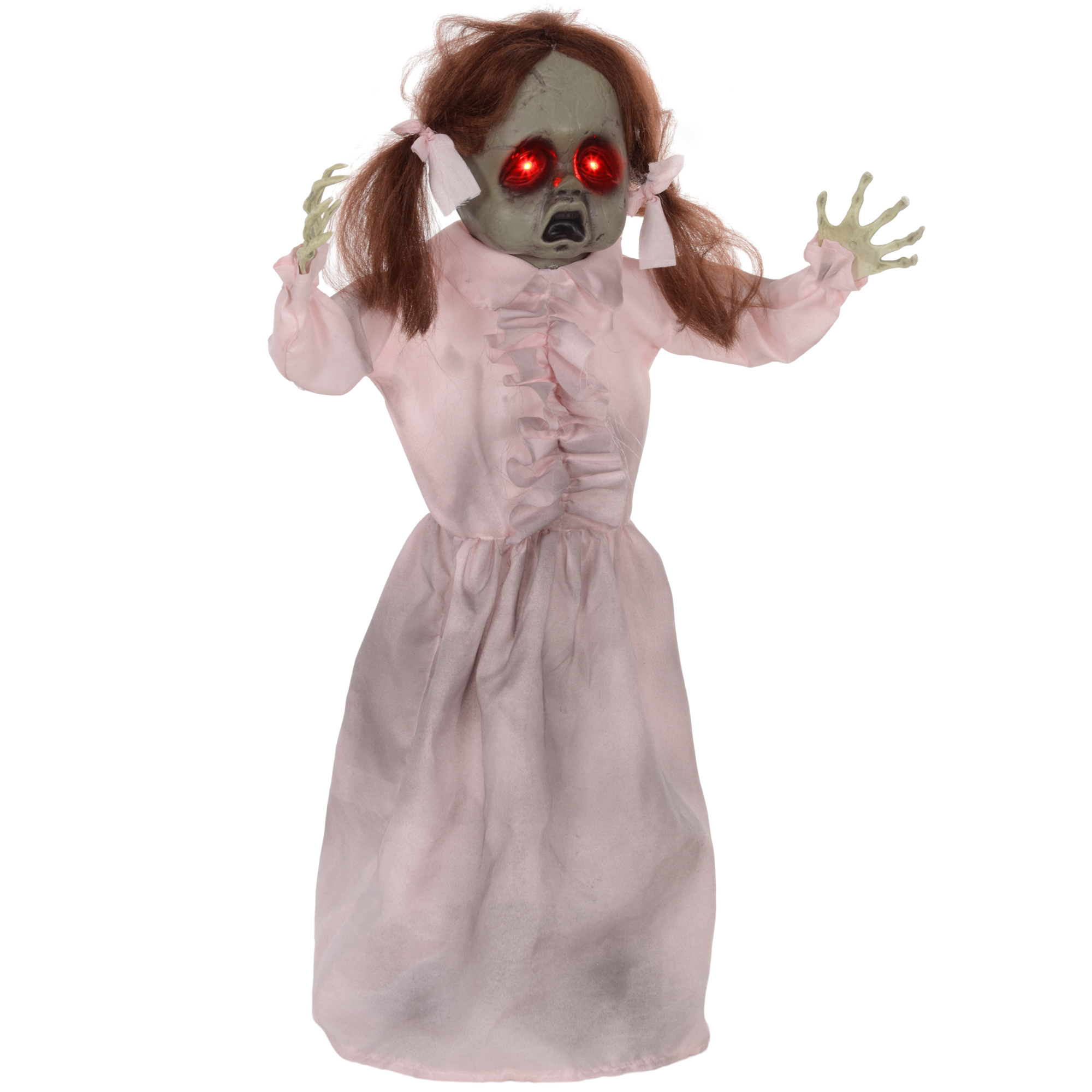 Horrorpuppe, Helloweendeko, aktiviert mit Geräusche/Berührung, rote Augen, Sound, 76 cm