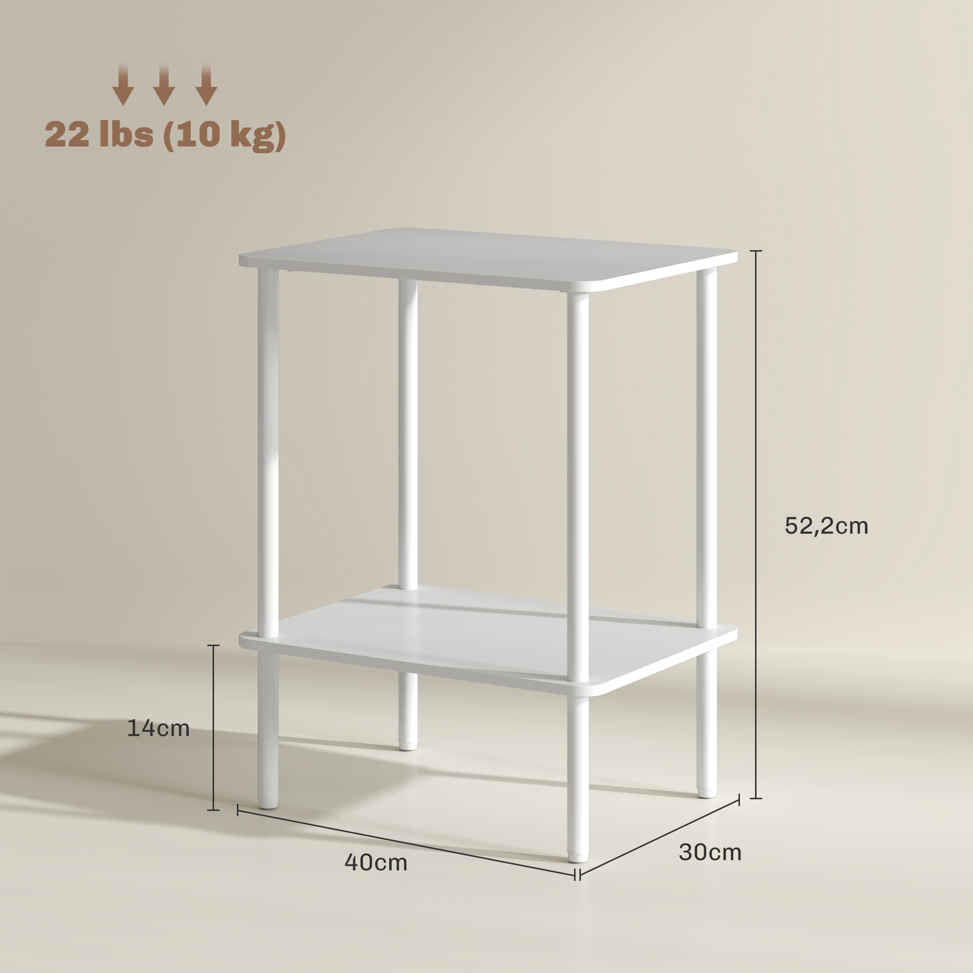 Moderner 2-stufiger Beistelltisch mit Aufbewahrungsfach und Metallrahmen für Wohnzimmer, Schlafzimmer, Weiß